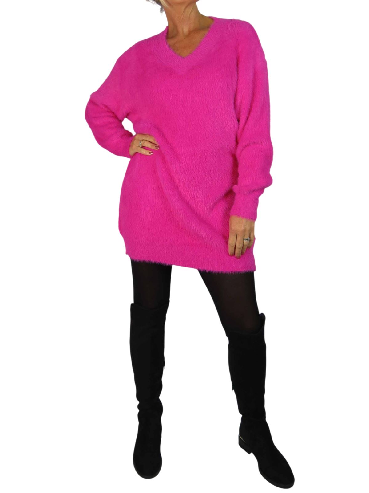 Damen Strick V Ausschnitt Pullover Kleid weich und kuschelig Strick Winterkleid Langarm - Bild 68 von 69
