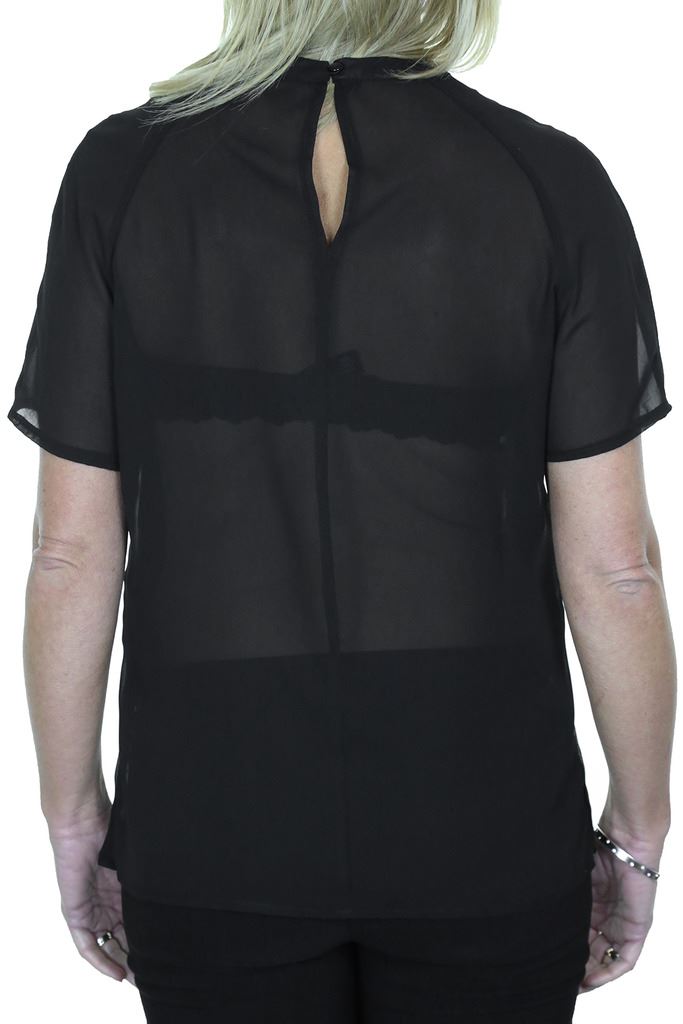 Ladies Pleated Round Neck Top Sheer Chiffon Blouse Short Sleeve Shirt 8 - 10 - Picture 4 of 18