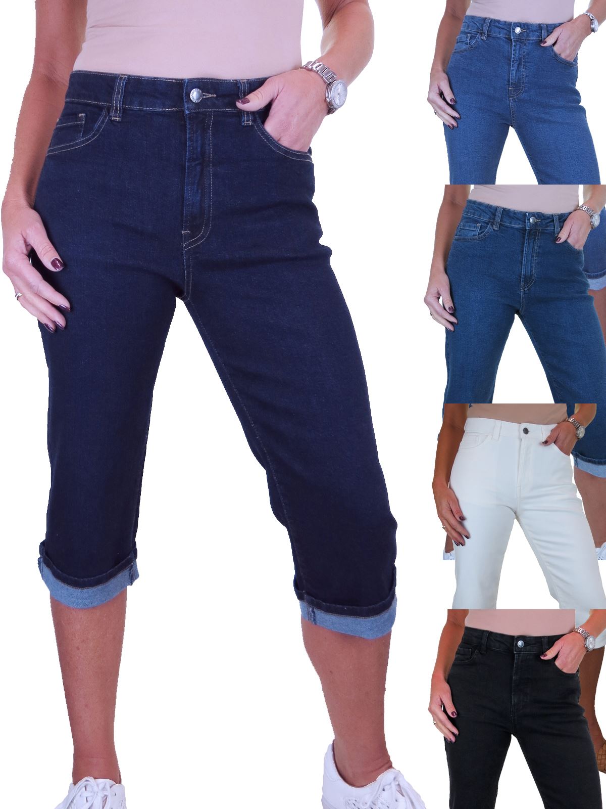 thumbnail image 2 of Women's Cotton Capri Jeans / Long Shorts – Blue – Sizes UK 6-14 – Medi Mode 2 of 6