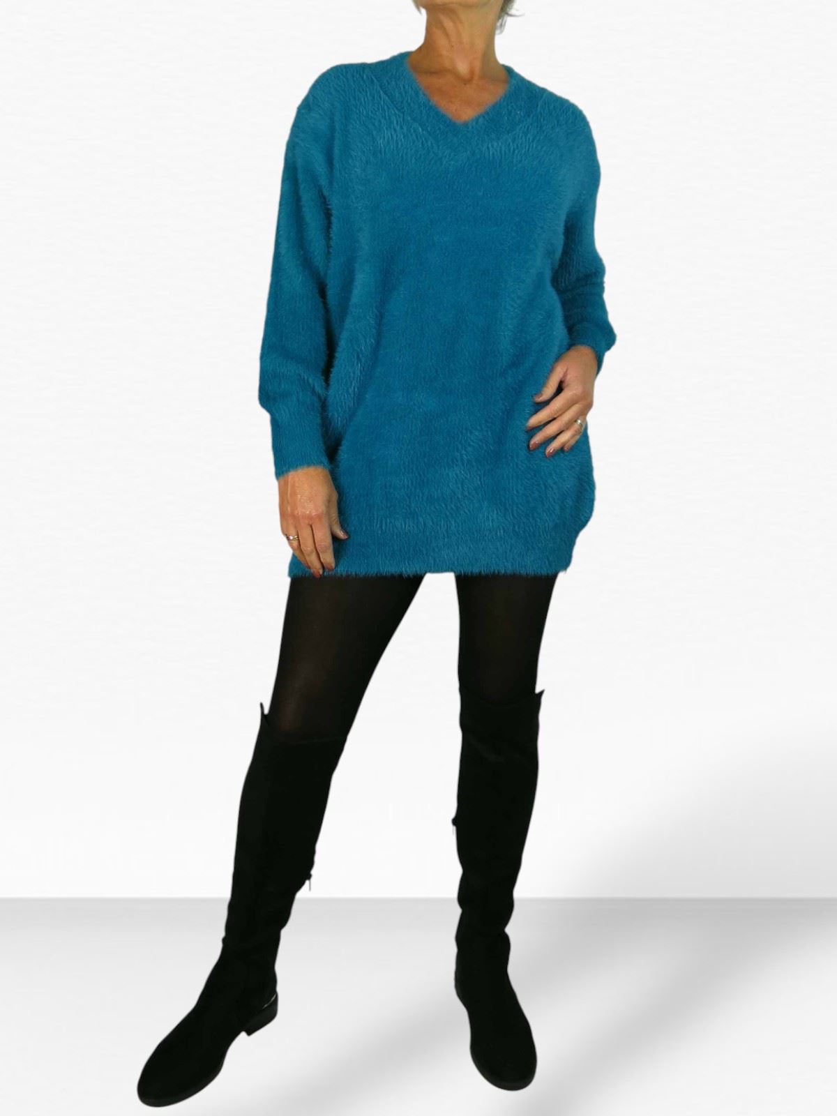 Damen Strick V Ausschnitt Pullover Kleid weich und kuschelig Strick Winterkleid Langarm - Bild 35 von 69