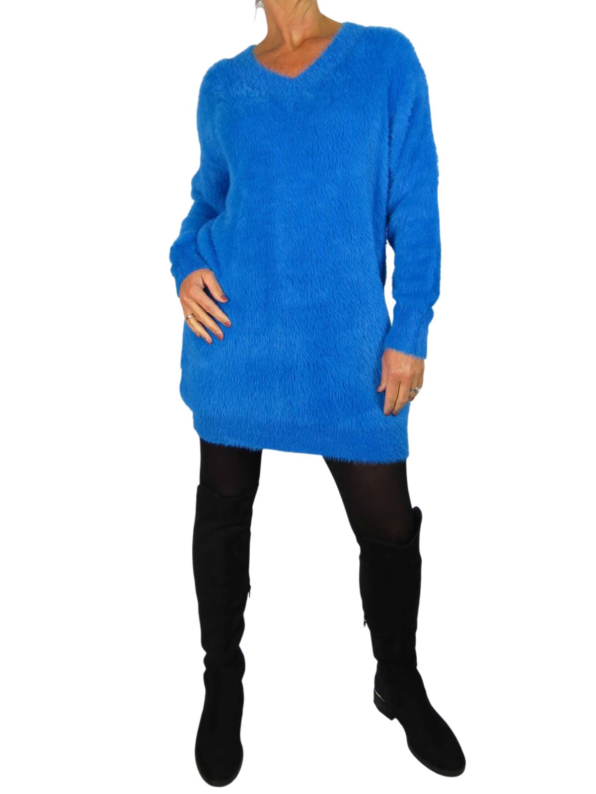 Damen Strick V Ausschnitt Pullover Kleid weich und kuschelig Strick Winterkleid Langarm - Bild 26 von 69
