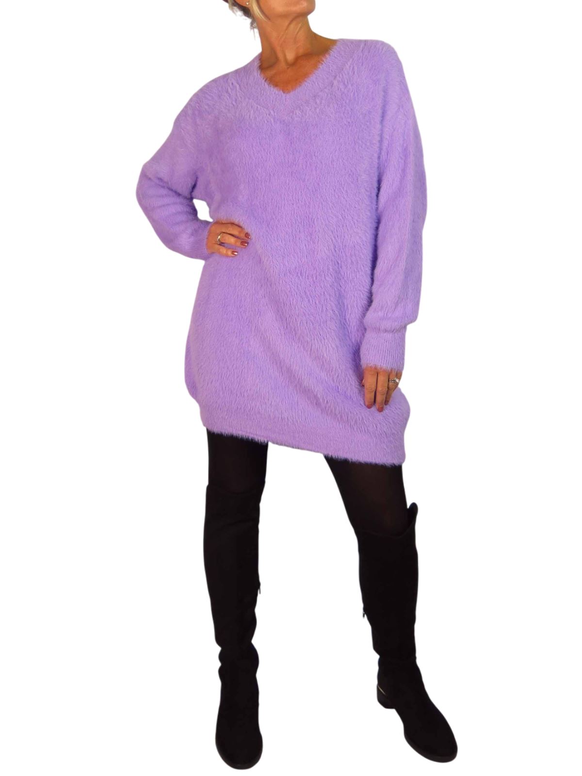 Damen Strick V Ausschnitt Pullover Kleid weich und kuschelig Strick Winterkleid Langarm - Bild 61 von 69