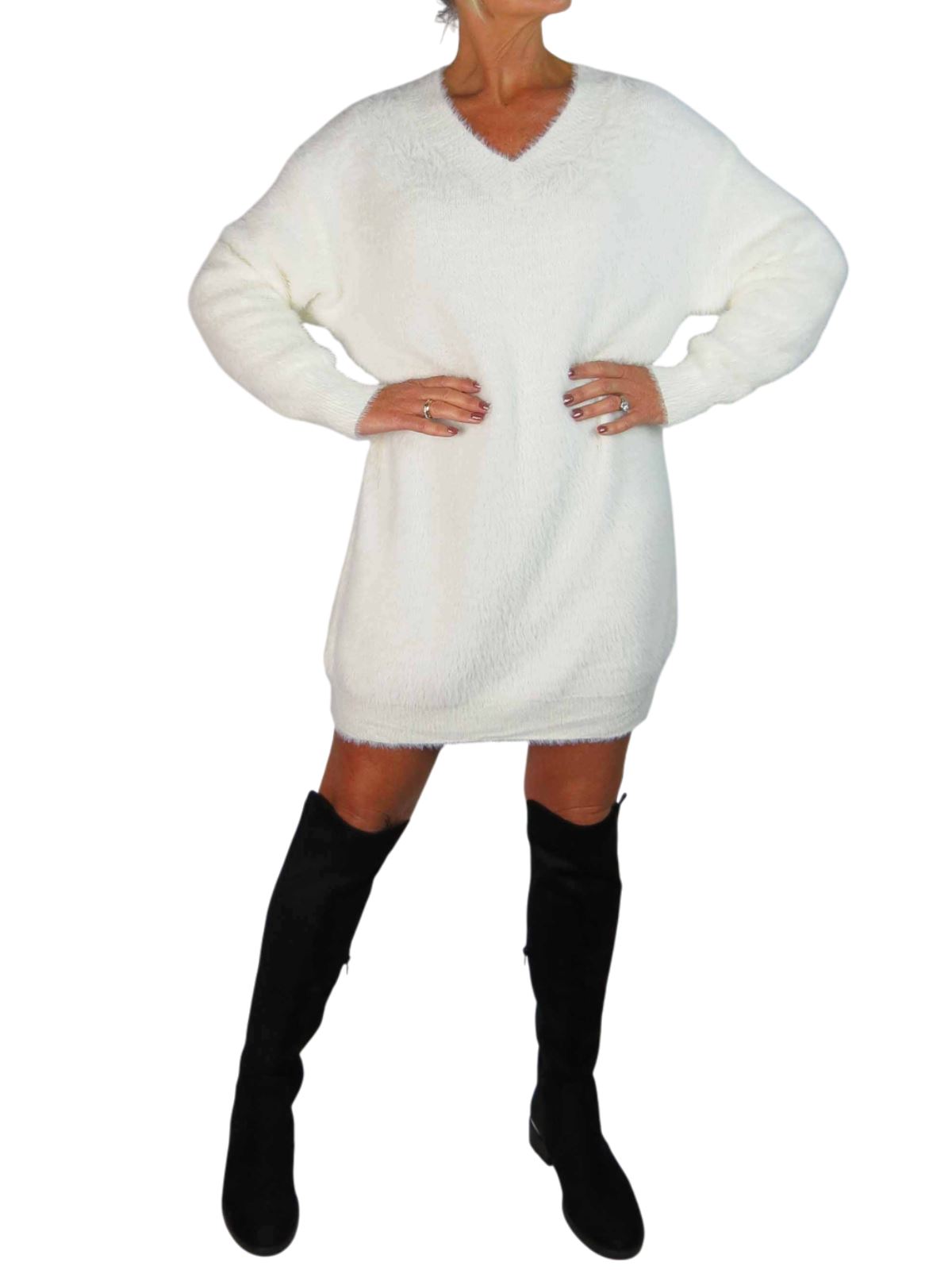 Damen Strick V Ausschnitt Pullover Kleid weich und kuschelig Strick Winterkleid Langarm - Bild 12 von 69