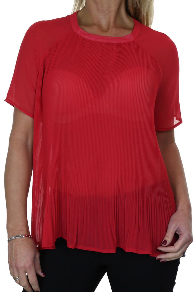 Ladies Pleated Round Neck Top Sheer Chiffon Blouse Short Sleeve Shirt 8 - 10 - Picture 15 of 18