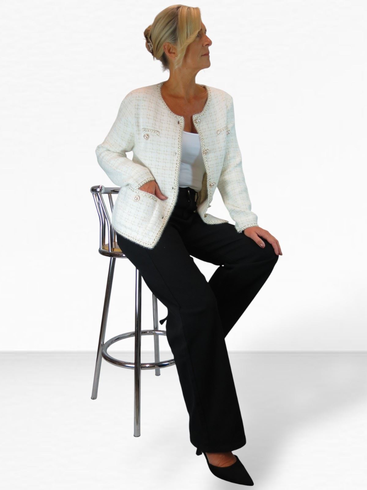Damen weiche Strick Crop Jacke mit Perlen Knöpfe Elegant Cardigan Stil 10-18 - Bild 19 von 22