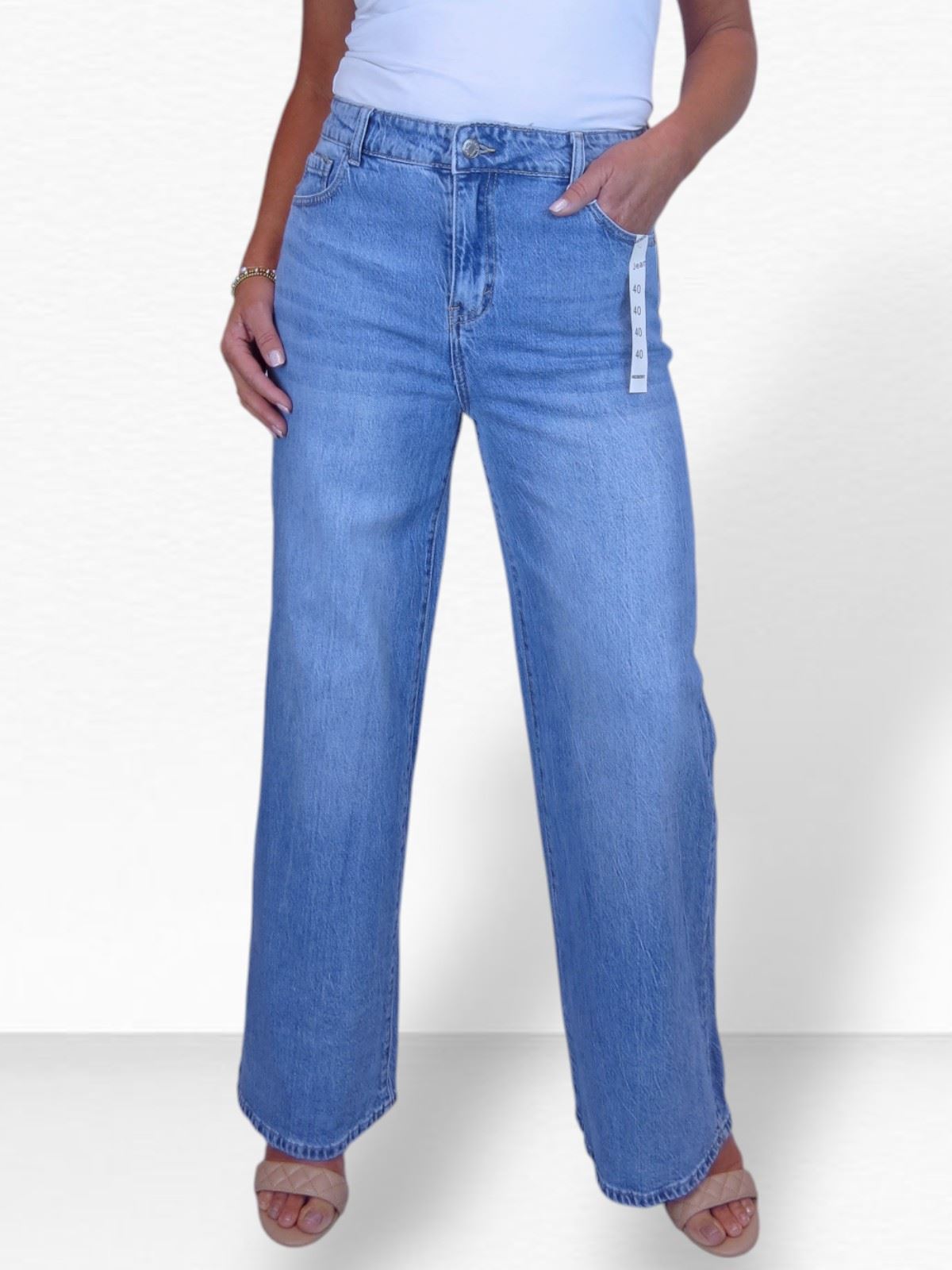 Ladies Stretch Denim Jeans High Waisted Pale Blue Wide Leg Crinkle Effect 10-20 - Picture 6 of 13