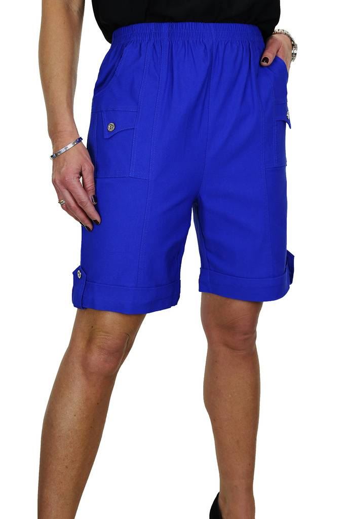Womens Elasticated Waist Stretch Shorts Button Turn Ups Black NEW 8-20