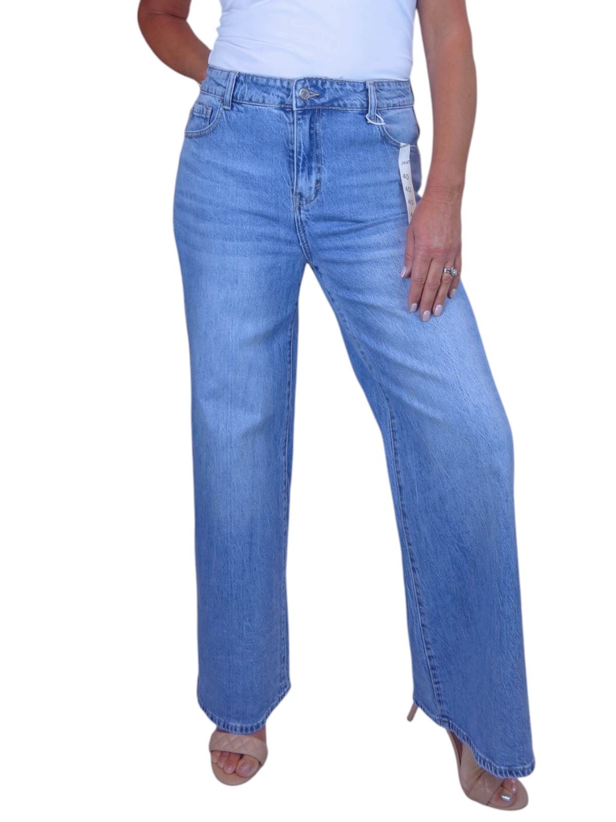Ladies Stretch Denim Jeans High Waisted Pale Blue Wide Leg Crinkle Effect 10-20 - Picture 12 of 13