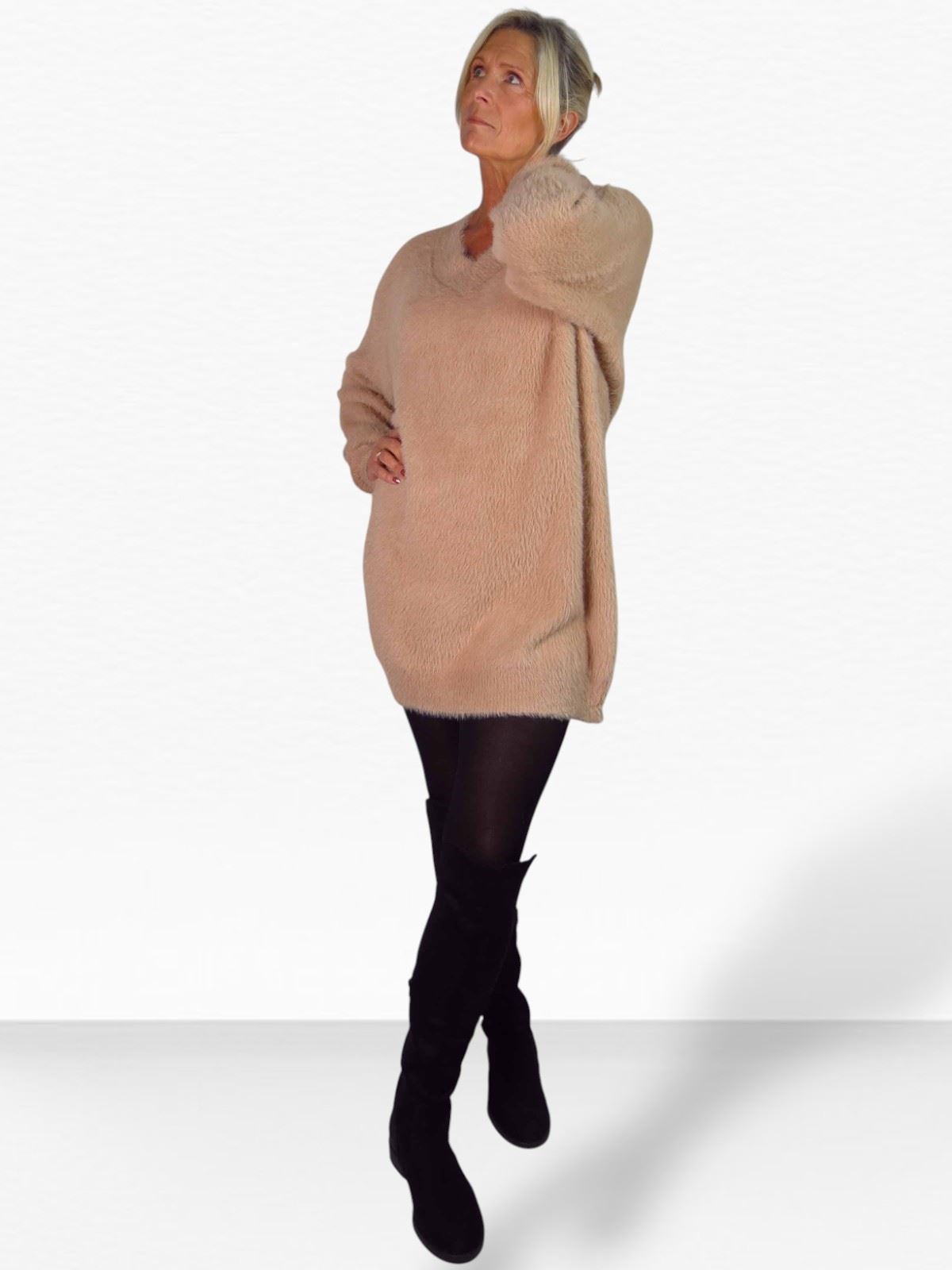 Damen Strick V Ausschnitt Pullover Kleid weich und kuschelig Strick Winterkleid Langarm - Bild 18 von 69