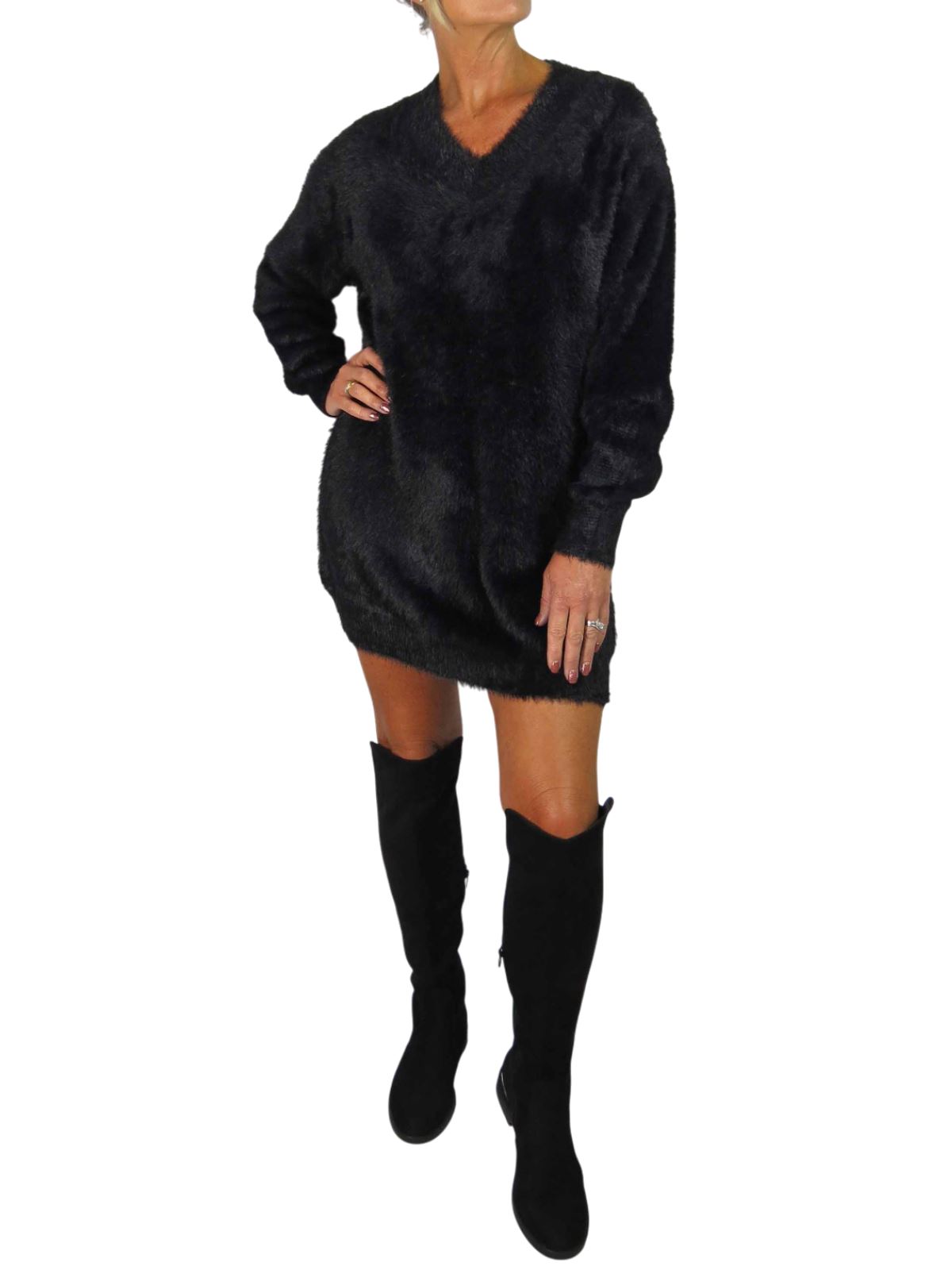 Damen Strick V Ausschnitt Pullover Kleid weich und kuschelig Strick Winterkleid Langarm - Bild 47 von 69