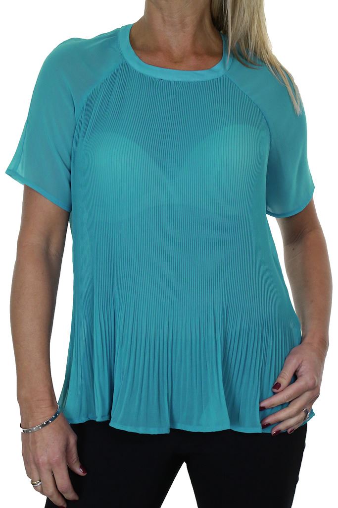 Ladies Pleated Round Neck Top Sheer Chiffon Blouse Short Sleeve Shirt 8 - 10 - Picture 7 of 18