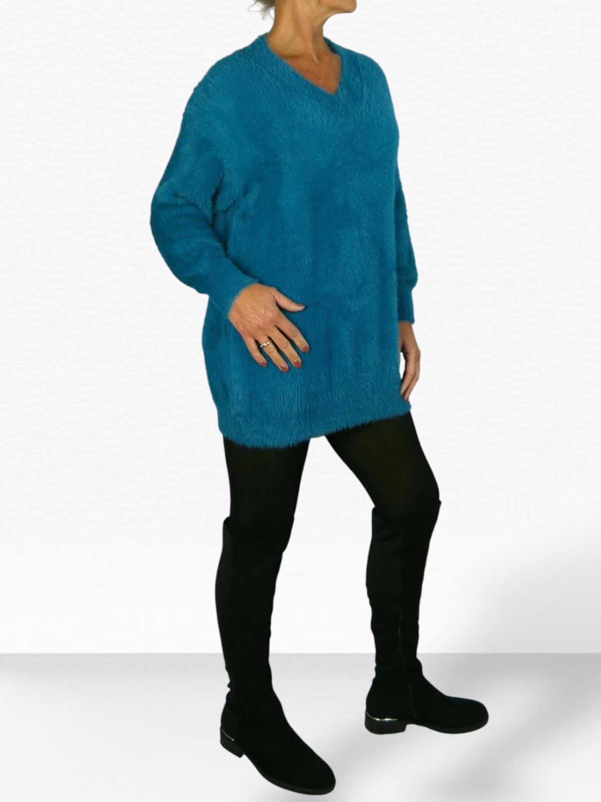 Damen Strick V Ausschnitt Pullover Kleid weich und kuschelig Strick Winterkleid Langarm - Bild 37 von 69