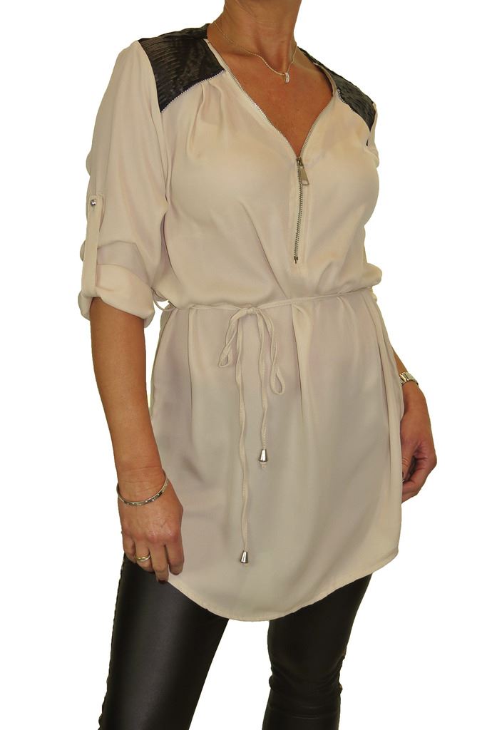 Ladies Zip V Neck Loose Georgette Blouse Shirt Smart Casual 3/4 Sleeve Top 8-16 - Picture 3 of 22
