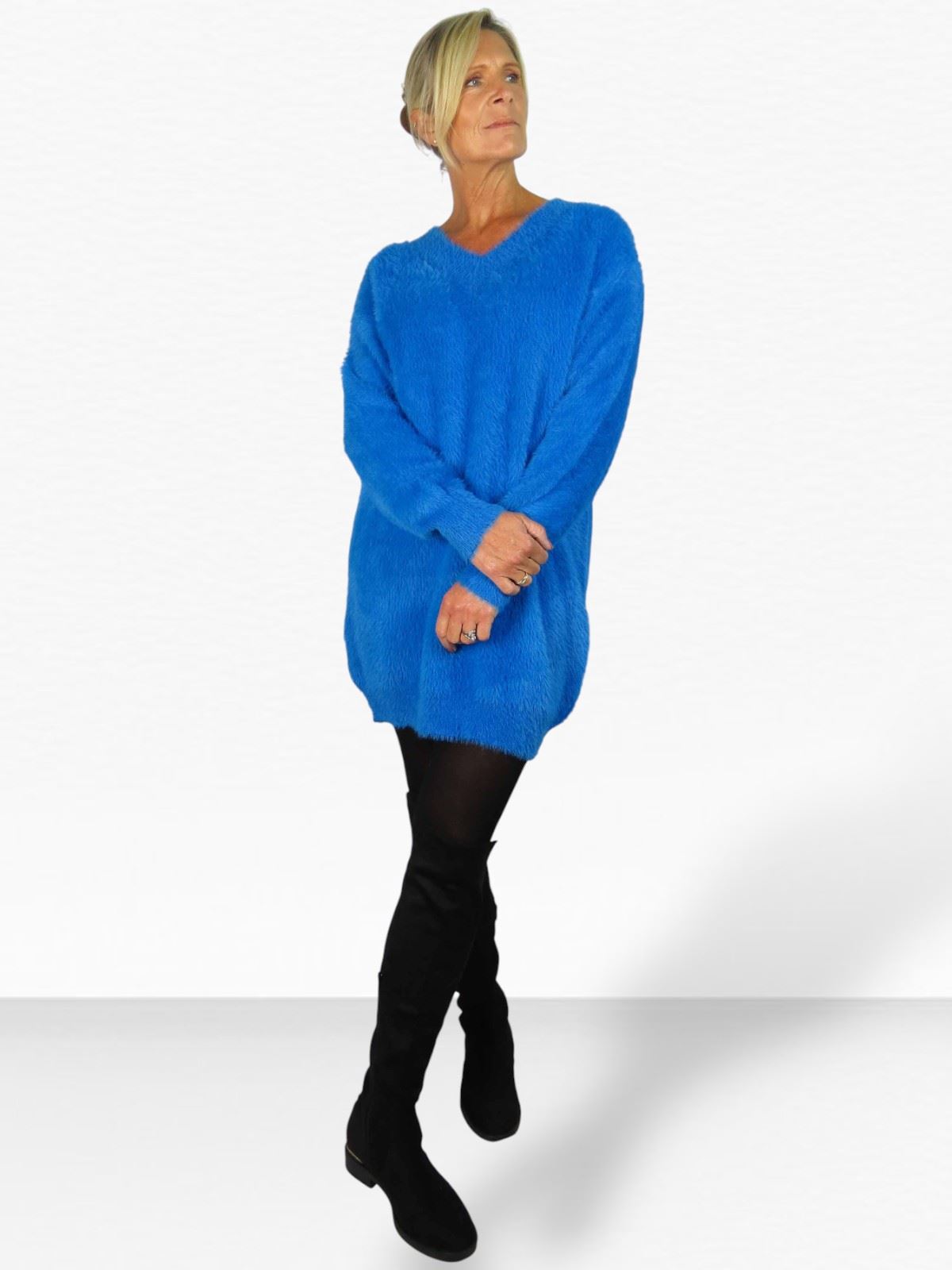 Damen Strick V Ausschnitt Pullover Kleid weich und kuschelig Strick Winterkleid Langarm - Bild 25 von 69