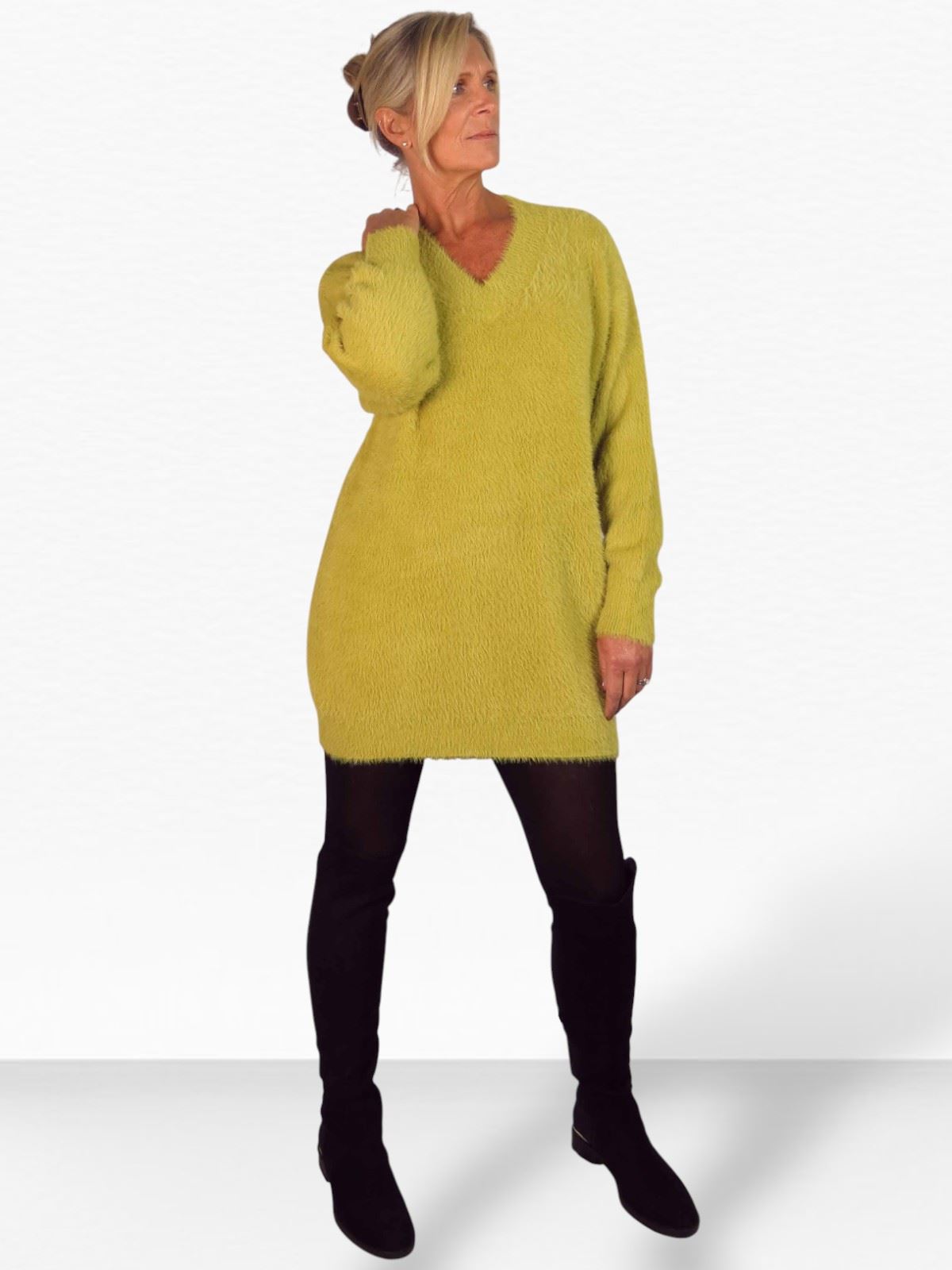 Damen Strick V Ausschnitt Pullover Kleid weich und kuschelig Strick Winterkleid Langarm - Bild 32 von 69