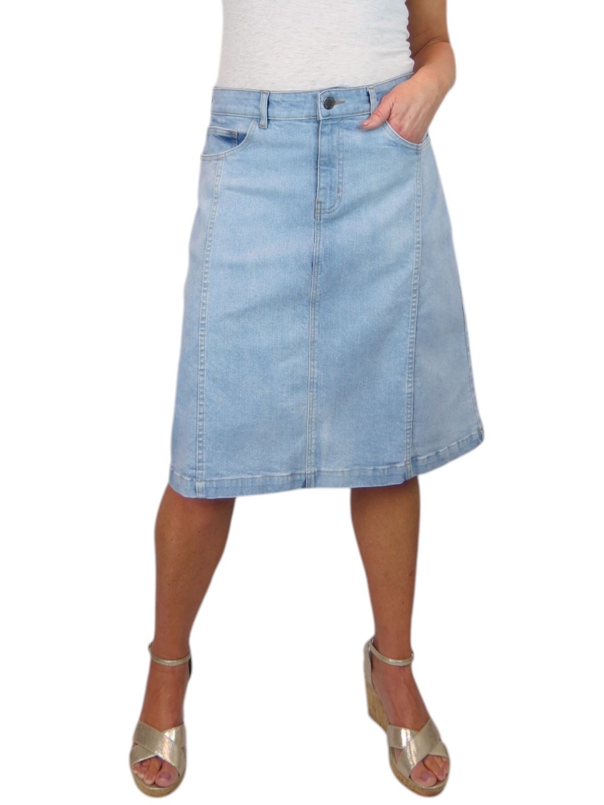 Ladies Stretch Denim A Line Jeans Skirt Knee Length Flared Pannel Skirt 10-22 - Picture 20 of 42