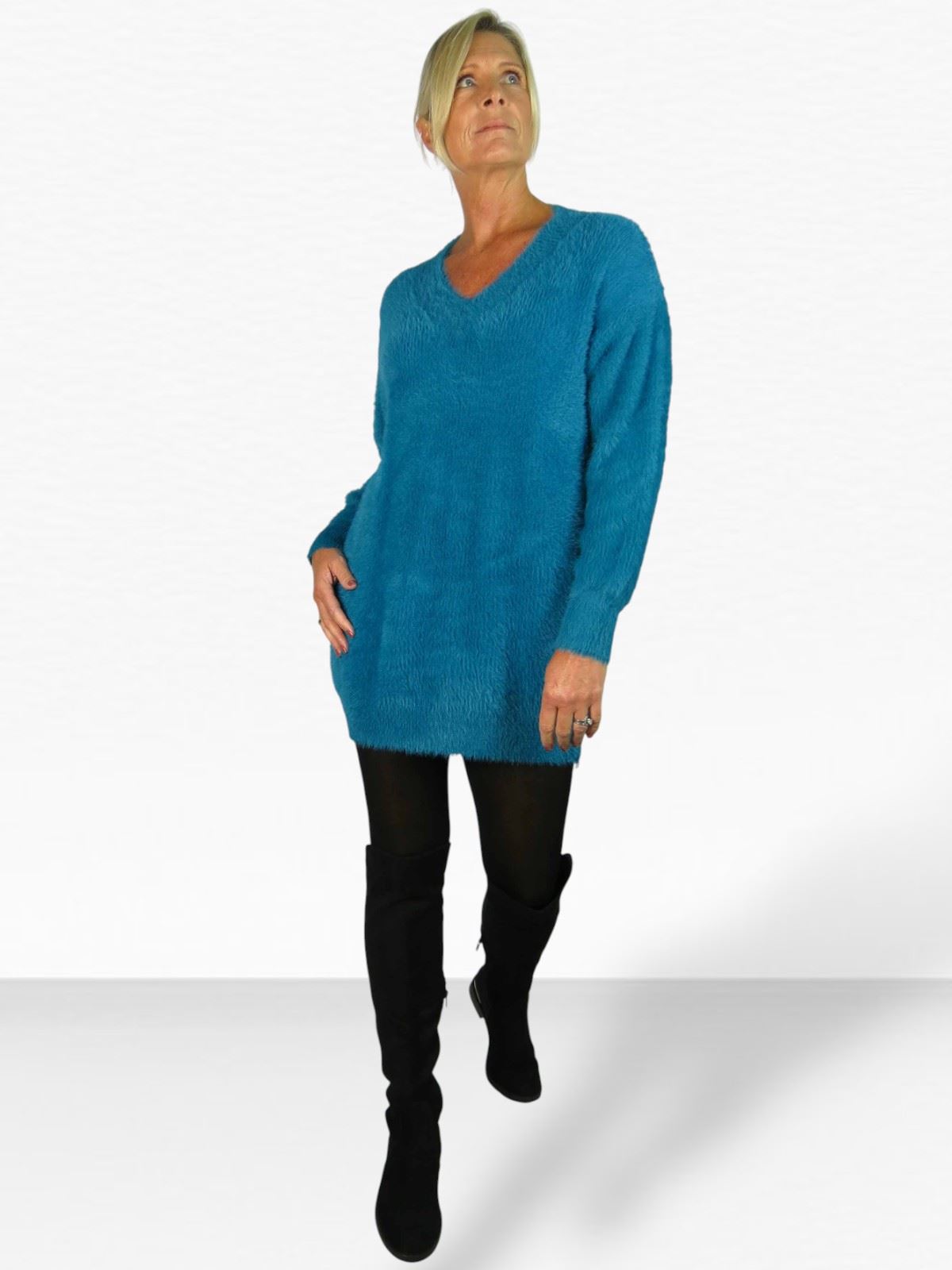 Damen Strick V Ausschnitt Pullover Kleid weich und kuschelig Strick Winterkleid Langarm - Bild 39 von 69