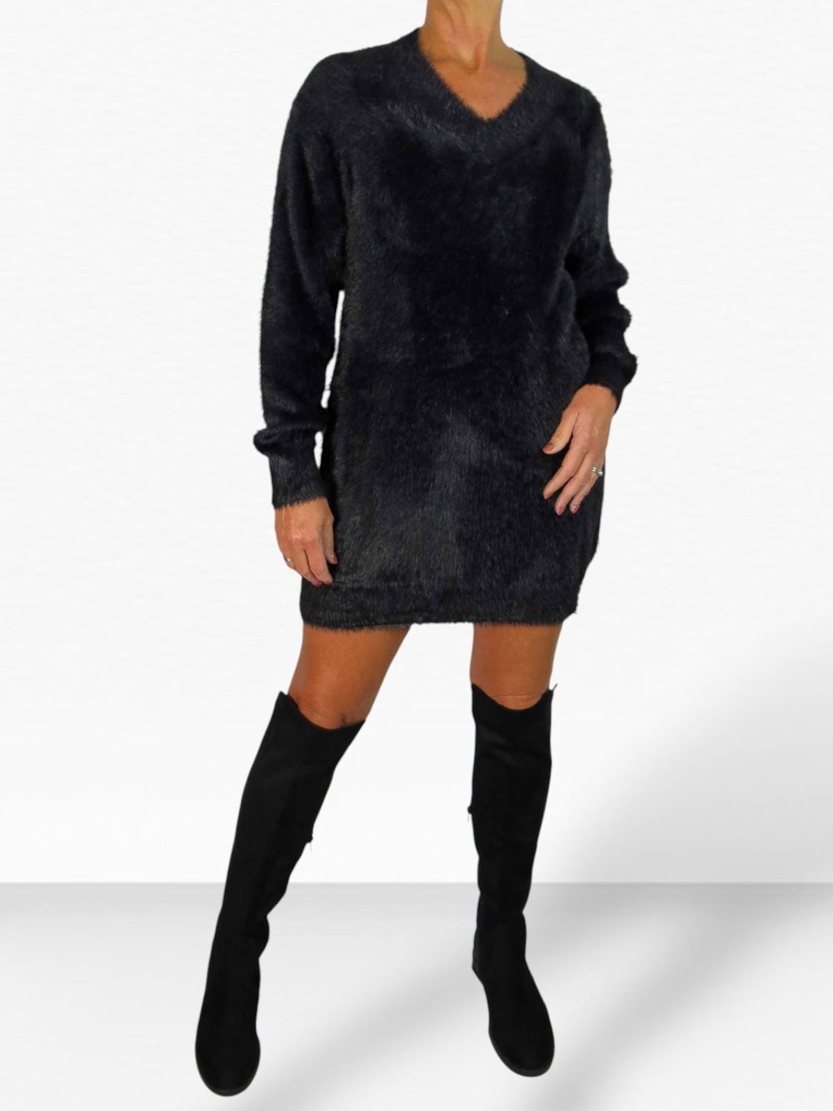 Damen Strick V Ausschnitt Pullover Kleid weich und kuschelig Strick Winterkleid Langarm - Bild 42 von 69