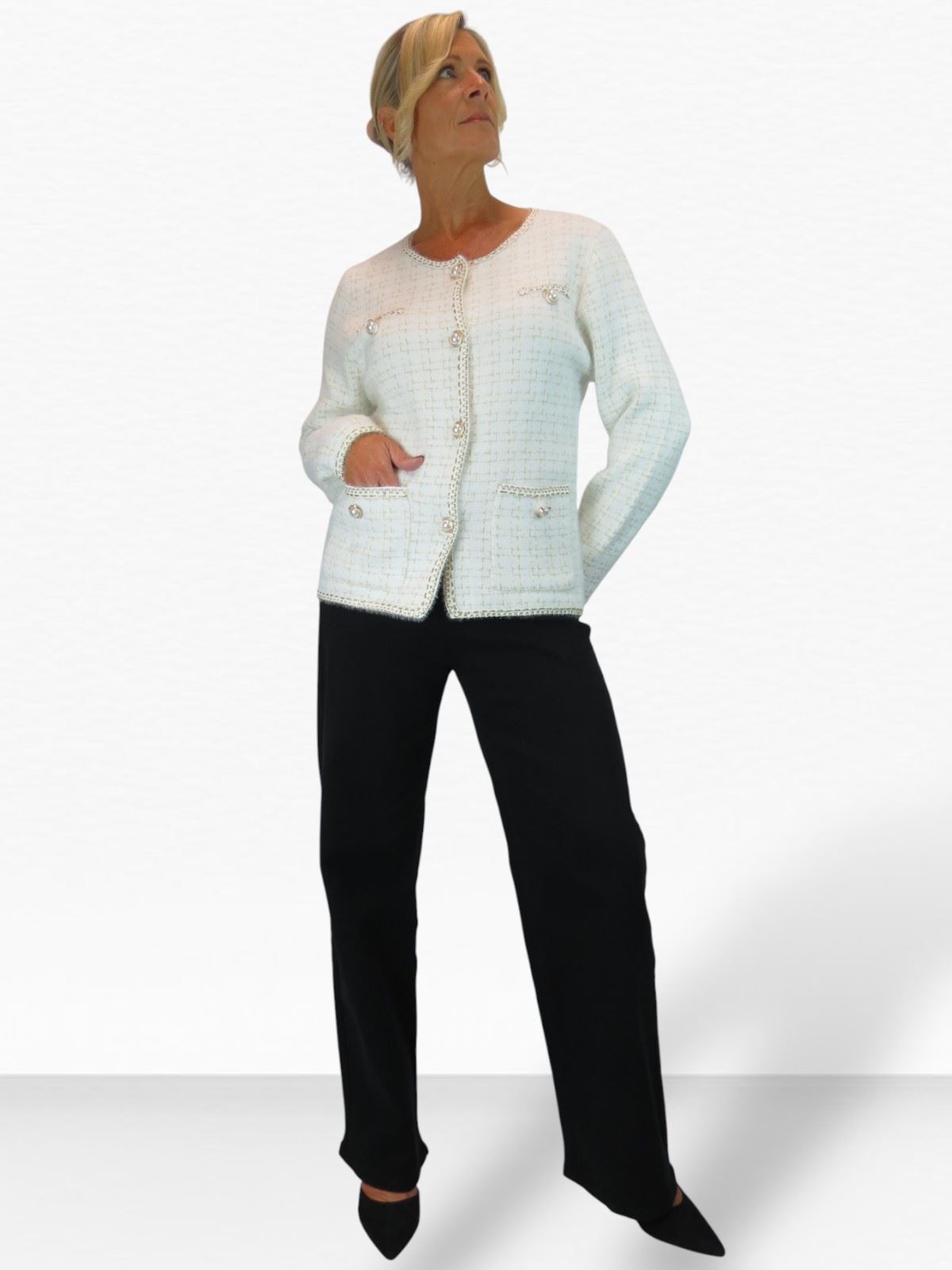 Damen weiche Strick Crop Jacke mit Perlen Knöpfe Elegant Cardigan Stil 10-18 - Bild 21 von 22