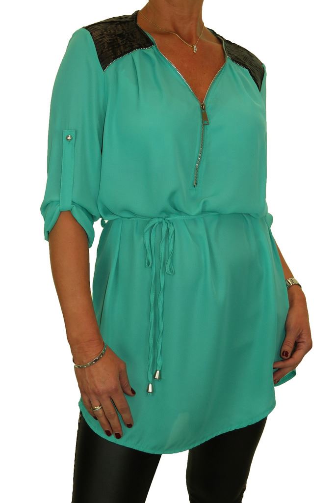 Ladies Zip V Neck Loose Georgette Blouse Shirt Smart Casual 3/4 Sleeve Top 8-16 - Picture 15 of 22