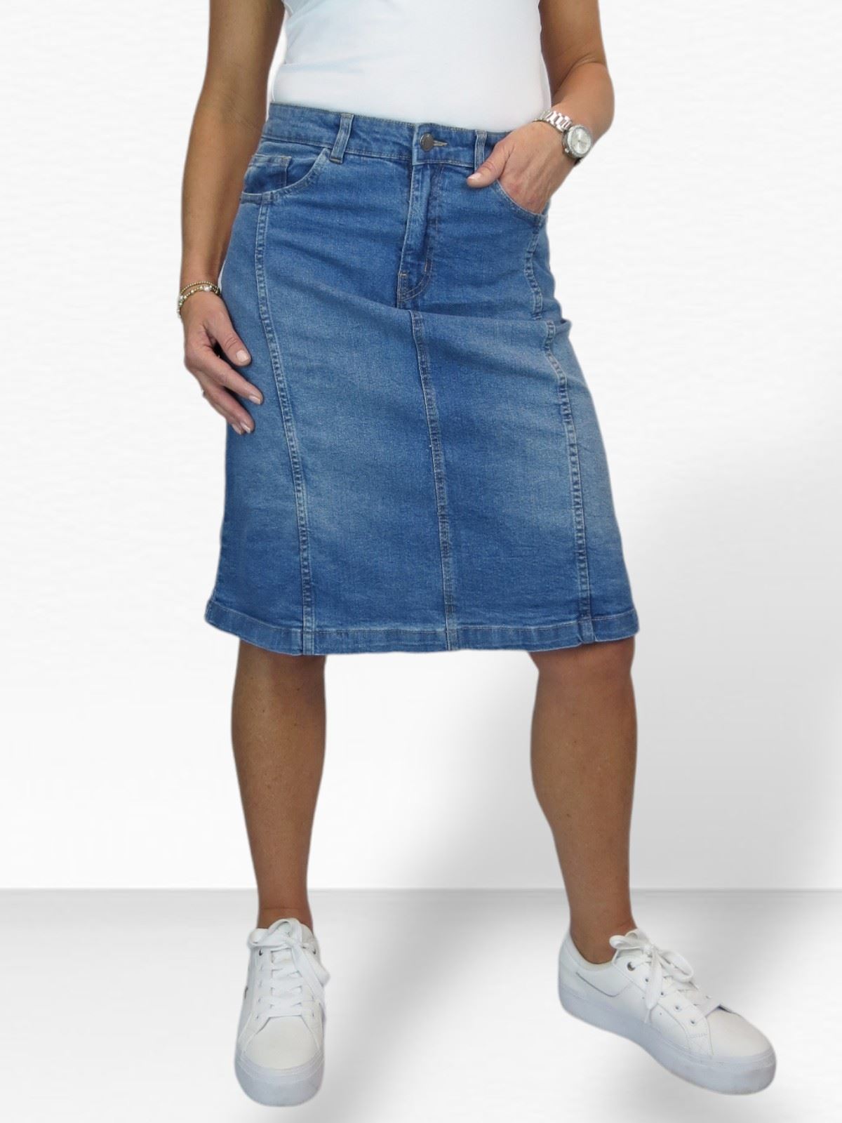 Ladies Stretch Denim A Line Jeans Skirt Knee Length Flared Pannel Skirt 10-22 - Picture 36 of 42