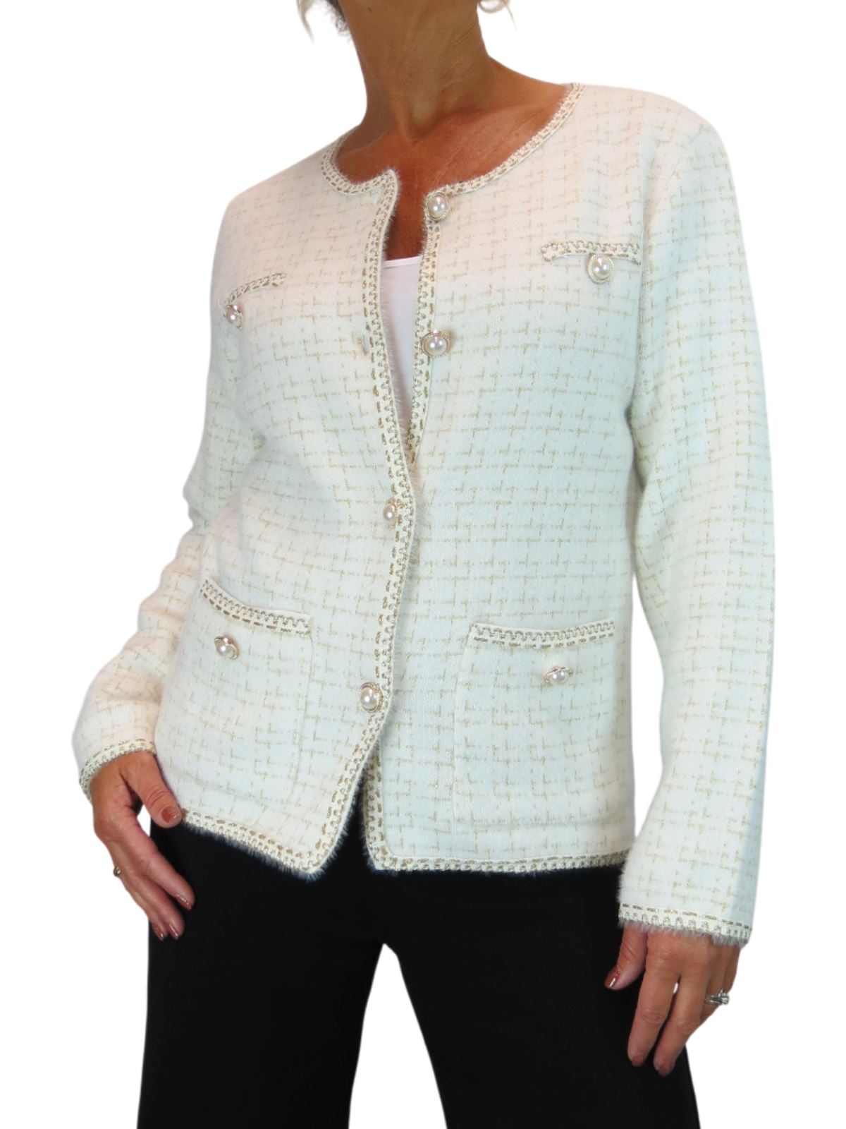 Damen weiche Strick Crop Jacke mit Perlen Knöpfe Elegant Cardigan Stil 10-18 - Bild 20 von 22