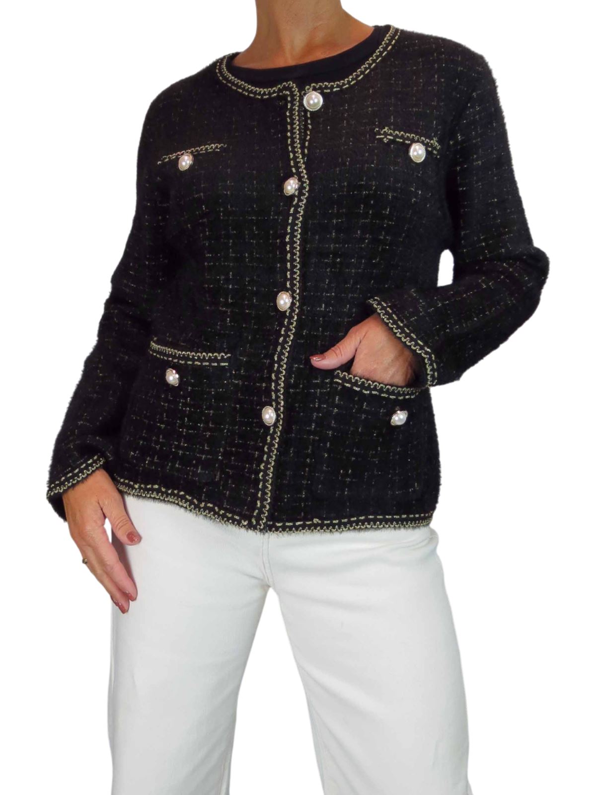 Damen weiche Strick Crop Jacke mit Perlen Knöpfe Elegant Cardigan Stil 10-18 - Bild 12 von 22