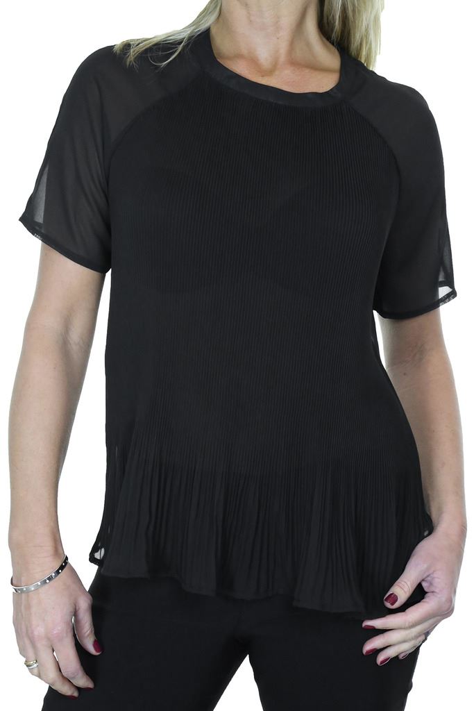 Ladies Pleated Round Neck Top Sheer Chiffon Blouse Short Sleeve Shirt 8 - 10 - Picture 3 of 18