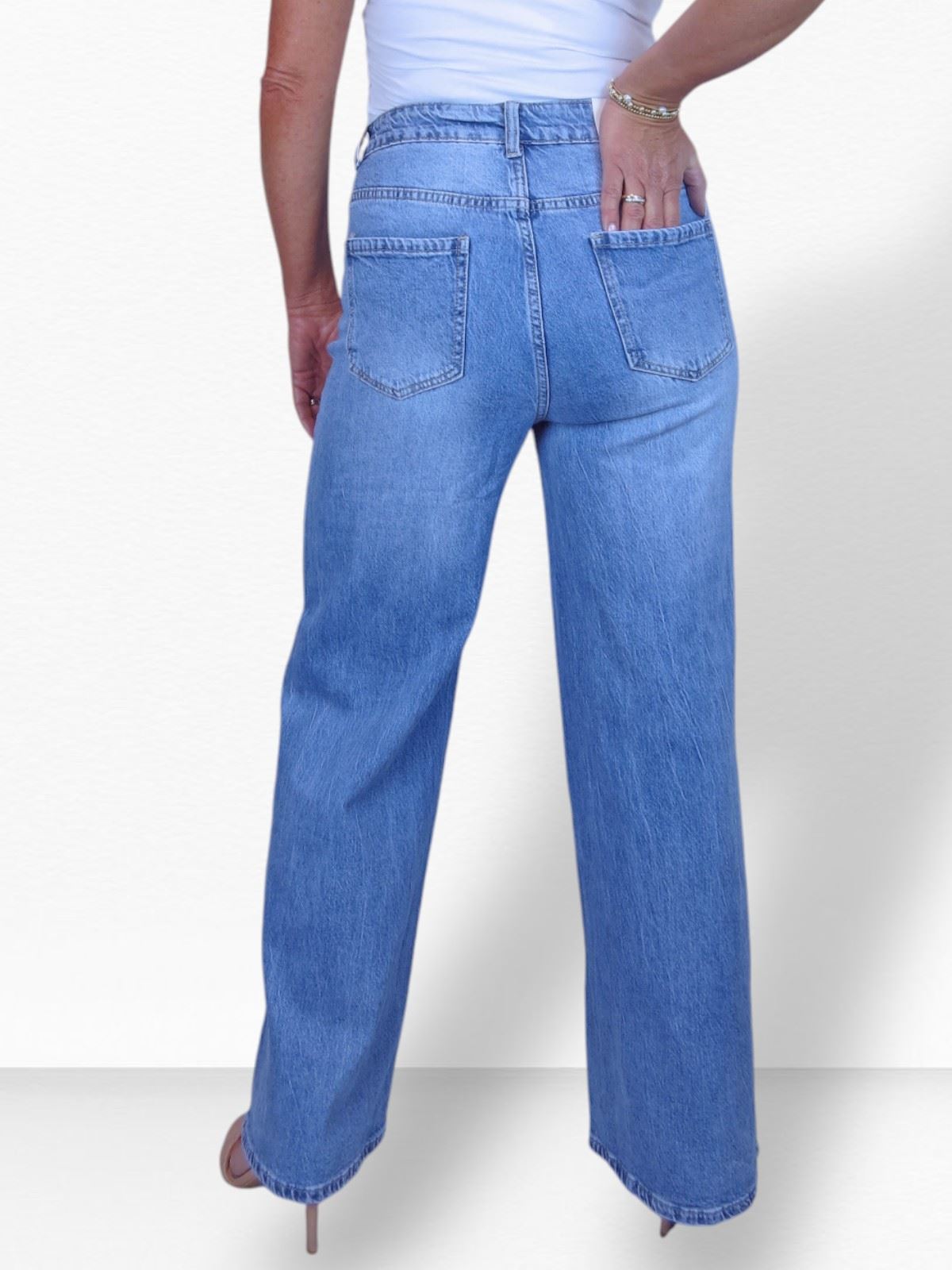 Ladies Stretch Denim Jeans High Waisted Pale Blue Wide Leg Crinkle Effect 10-20 - Picture 7 of 13