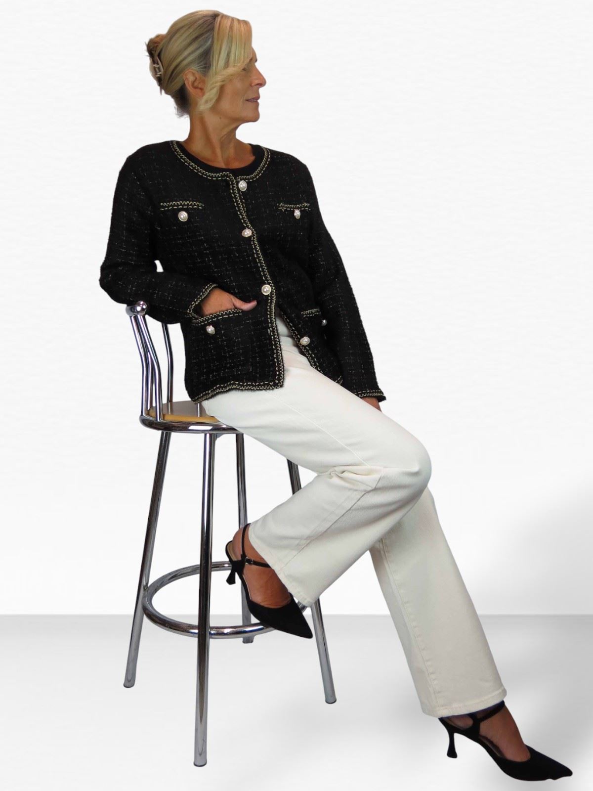 Damen weiche Strick Crop Jacke mit Perlen Knöpfe Elegant Cardigan Stil 10-18 - Bild 11 von 22