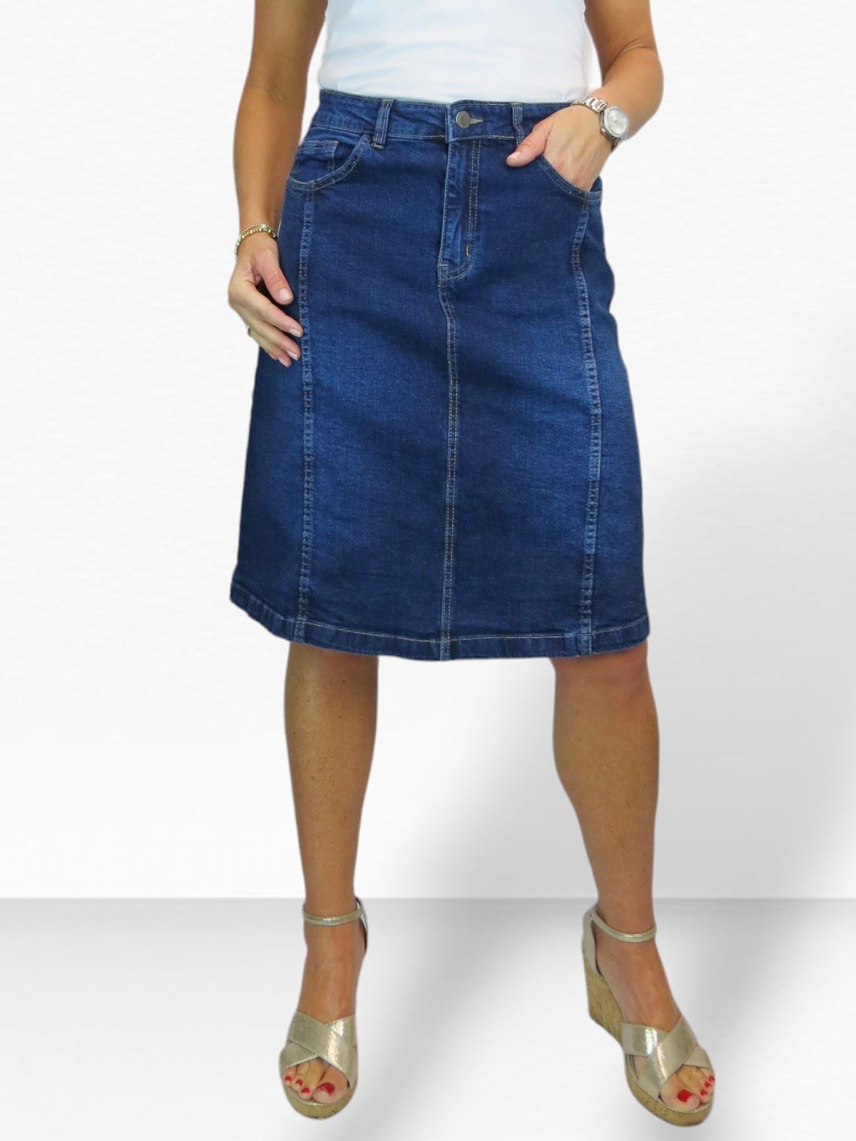 Ladies Stretch Denim A Line Jeans Skirt Knee Length Flared Pannel Skirt 10-22 - Picture 26 of 42