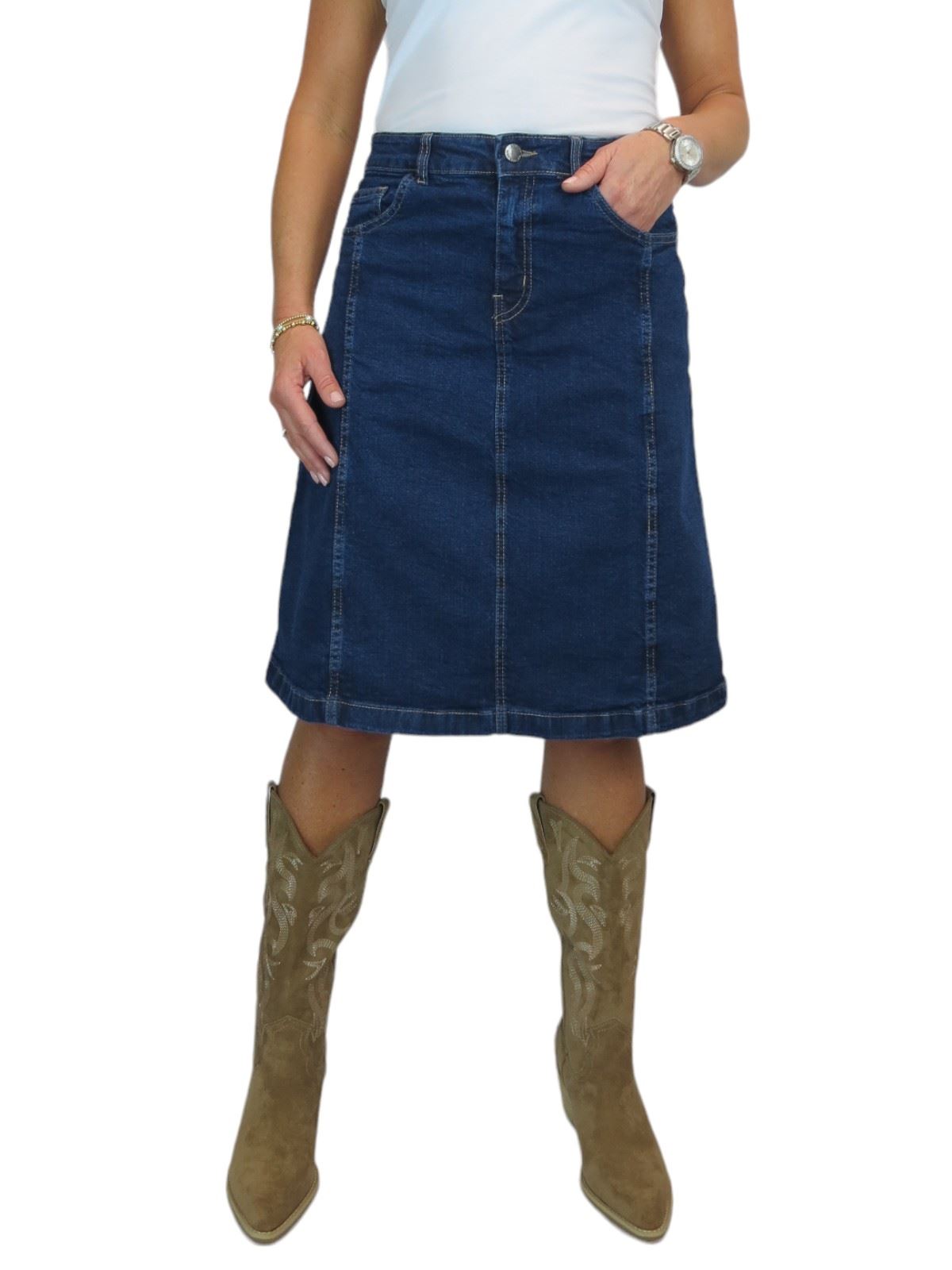 Ladies Stretch Denim A Line Jeans Skirt Knee Length Flared Pannel Skirt 10-22 - Picture 34 of 42