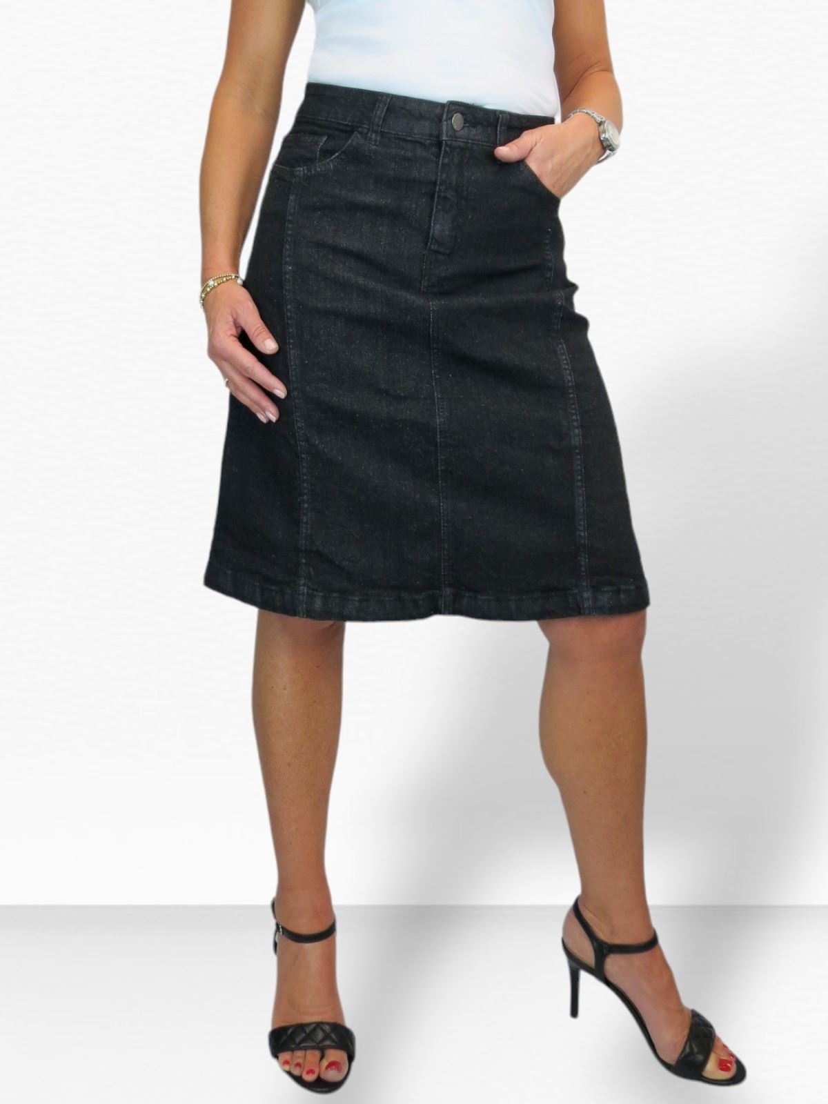 Ladies Stretch Denim A Line Jeans Skirt Knee Length Flared Pannel Skirt 10-22 - Picture 8 of 42