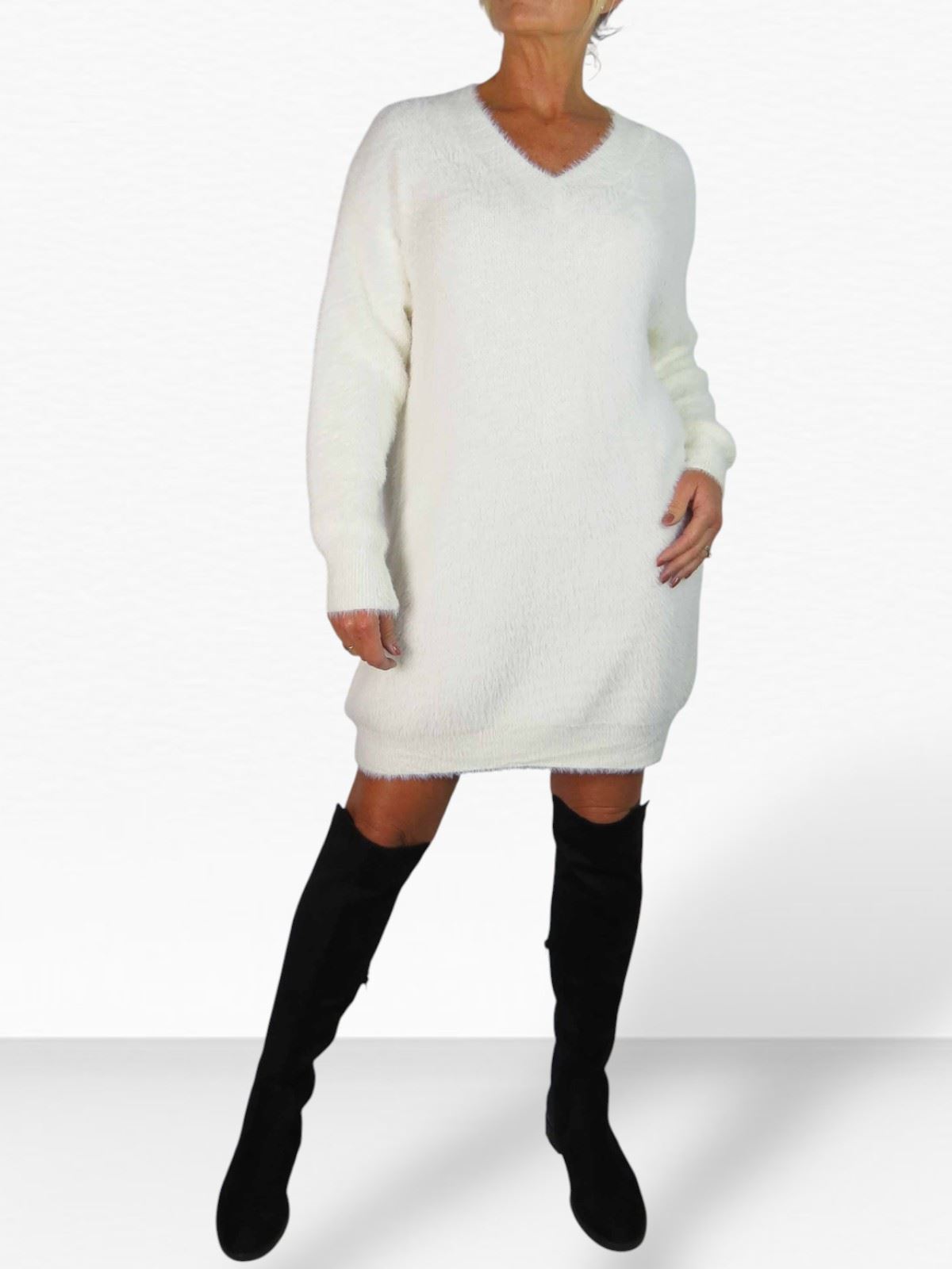 Damen Strick V Ausschnitt Pullover Kleid weich und kuschelig Strick Winterkleid Langarm - Bild 7 von 69