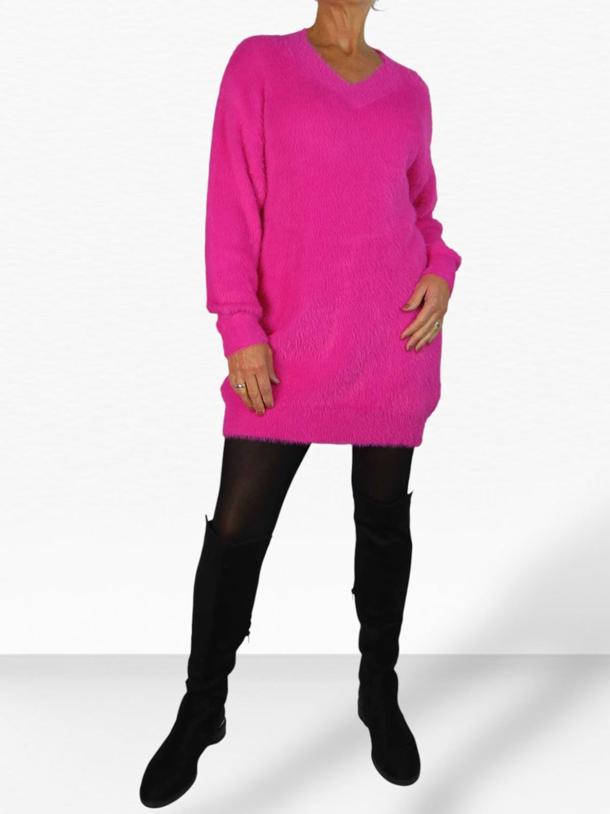 Damen Strick V Ausschnitt Pullover Kleid weich und kuschelig Strick Winterkleid Langarm - Bild 63 von 69