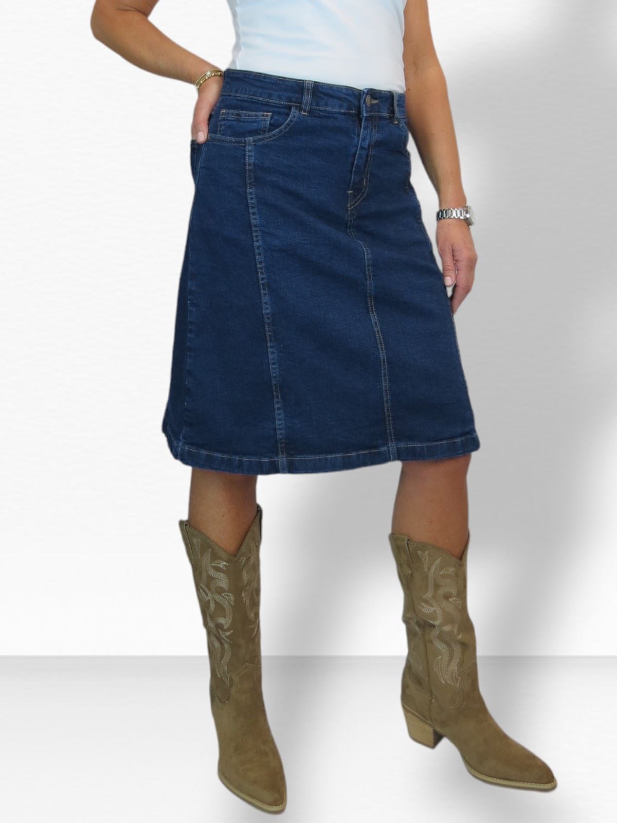 Ladies Stretch Denim A Line Jeans Skirt Knee Length Flared Pannel Skirt 10-22 - Picture 29 of 42