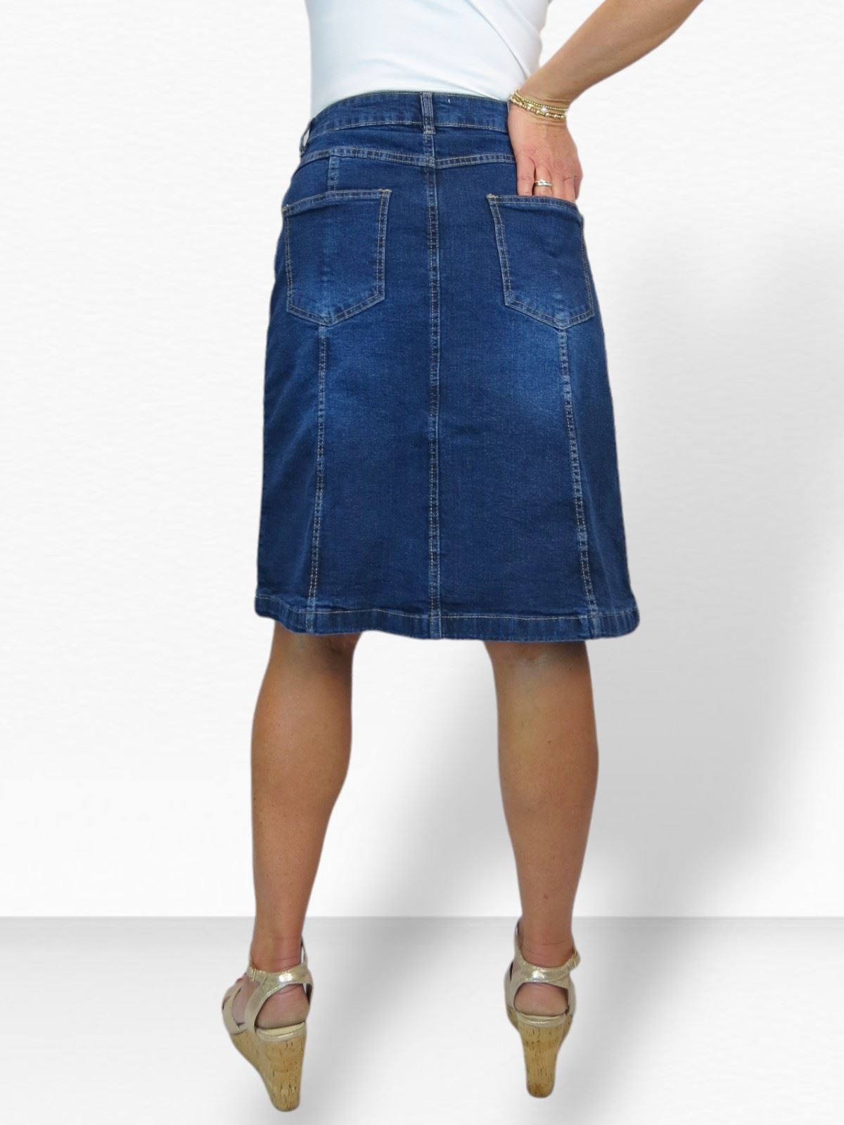 Ladies Stretch Denim A Line Jeans Skirt Knee Length Flared Pannel Skirt 10-22 - Picture 23 of 42