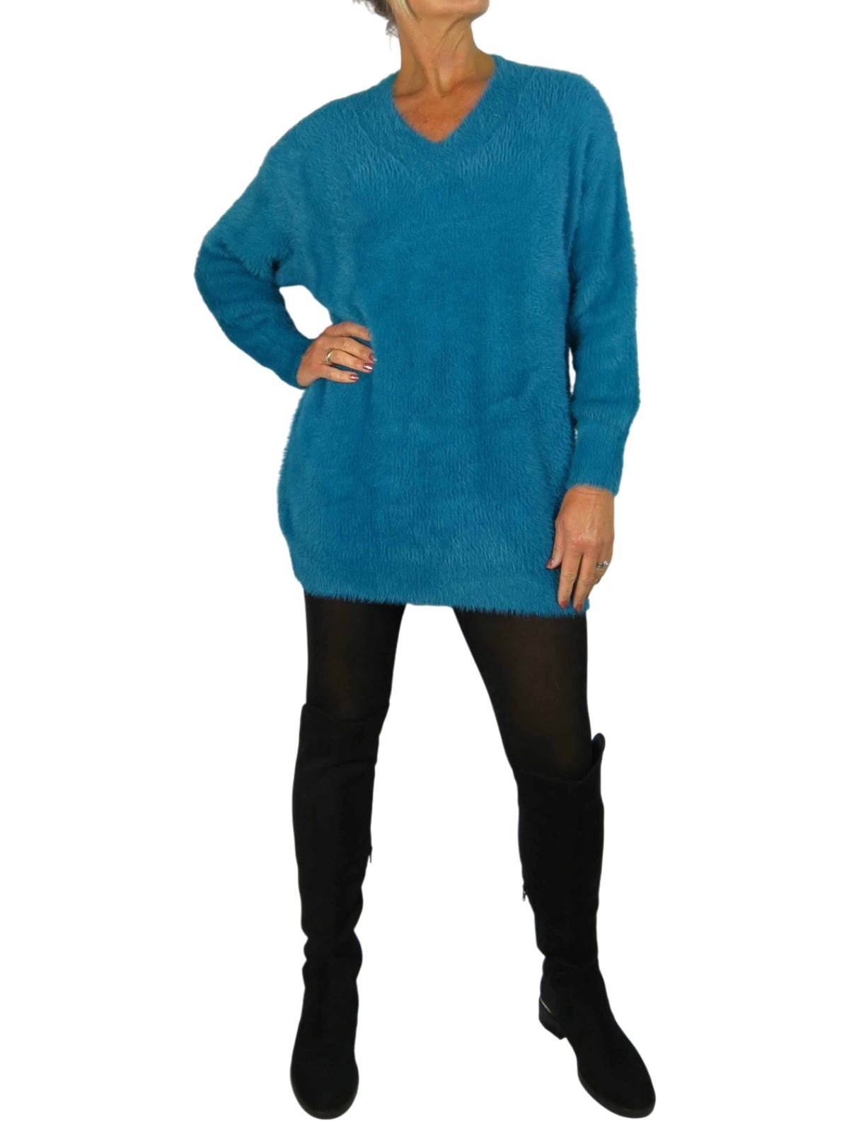 Damen Strick V Ausschnitt Pullover Kleid weich und kuschelig Strick Winterkleid Langarm - Bild 40 von 69