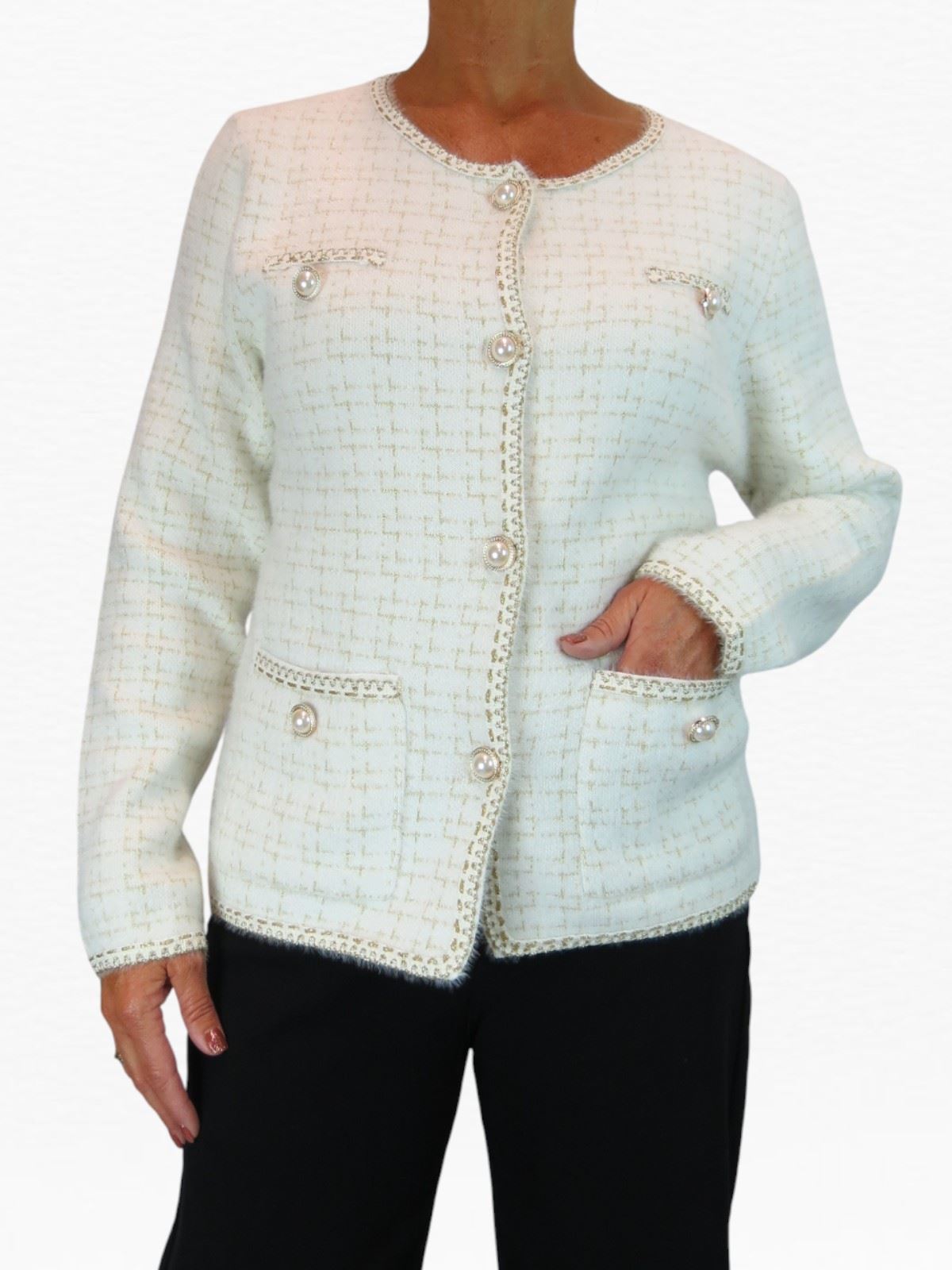 Damen weiche Strick Crop Jacke mit Perlen Knöpfe Elegant Cardigan Stil 10-18 - Bild 15 von 22