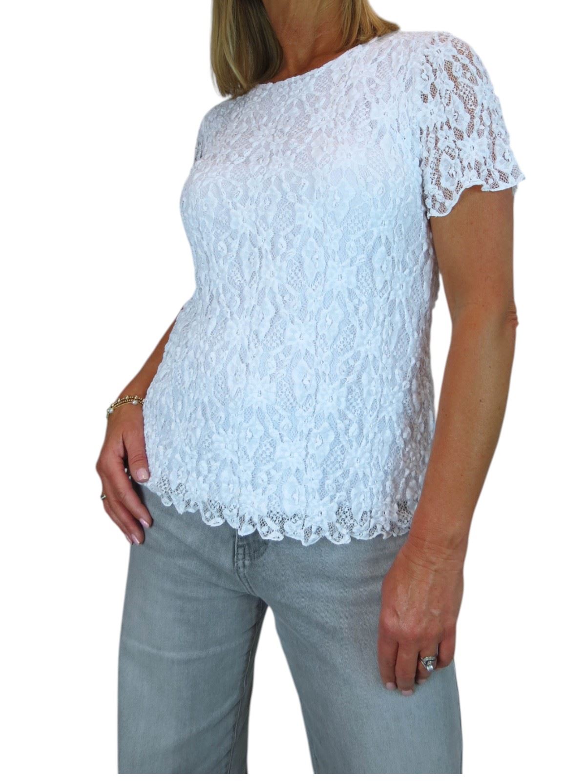 Damen Elegant Stretch Häkel Spitze Top Kurzarm Komplett Gefüttert 10-20 - Bild 7 von 30