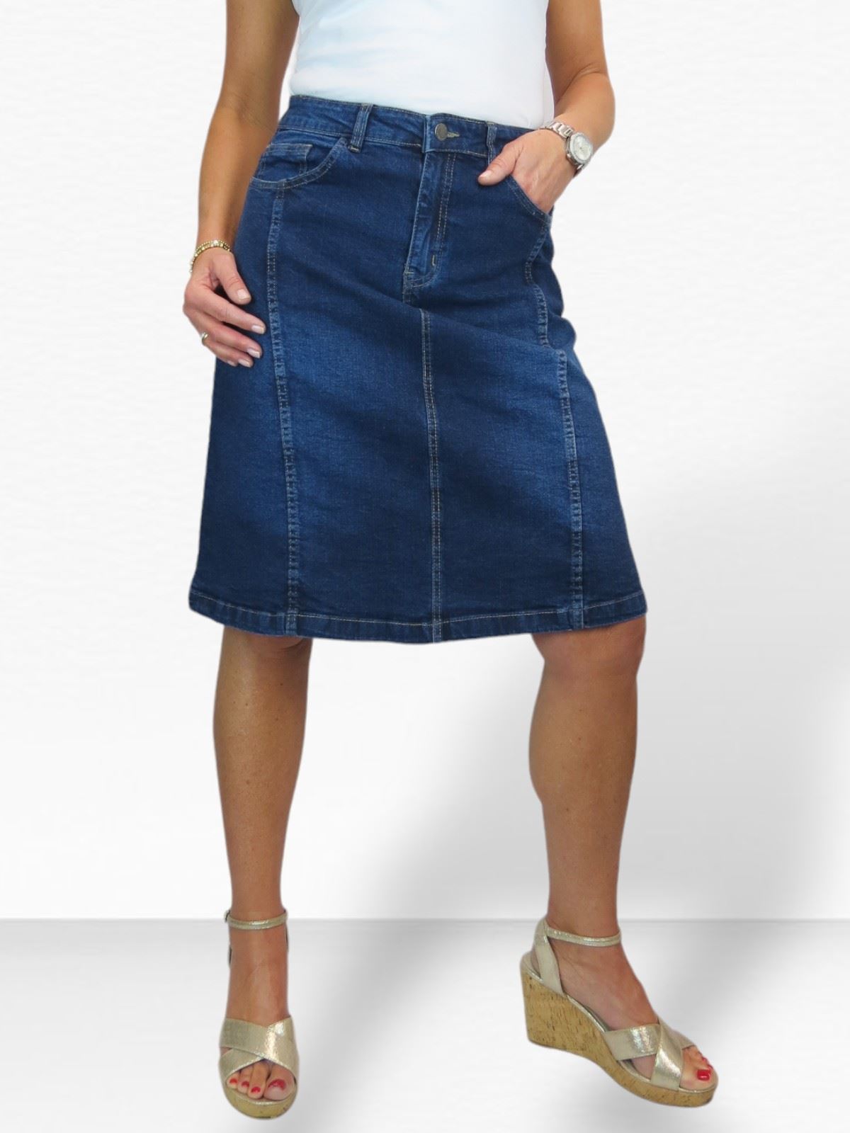 Ladies Stretch Denim A Line Jeans Skirt Knee Length Flared Pannel Skirt 10-22 - Picture 22 of 42