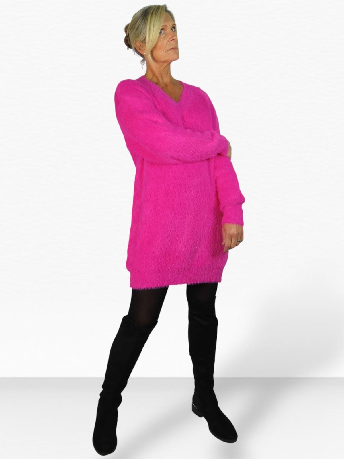 Damen Strick V Ausschnitt Pullover Kleid weich und kuschelig Strick Winterkleid Langarm - Bild 67 von 69