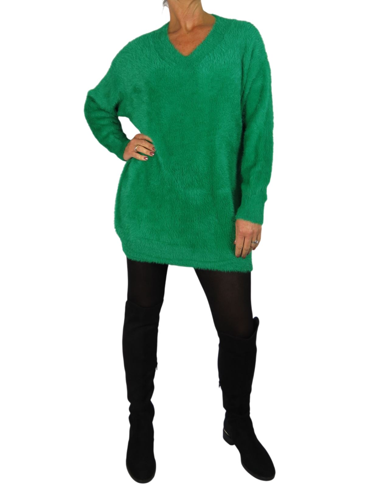 Damen Strick V Ausschnitt Pullover Kleid weich und kuschelig Strick Winterkleid Langarm - Bild 54 von 69