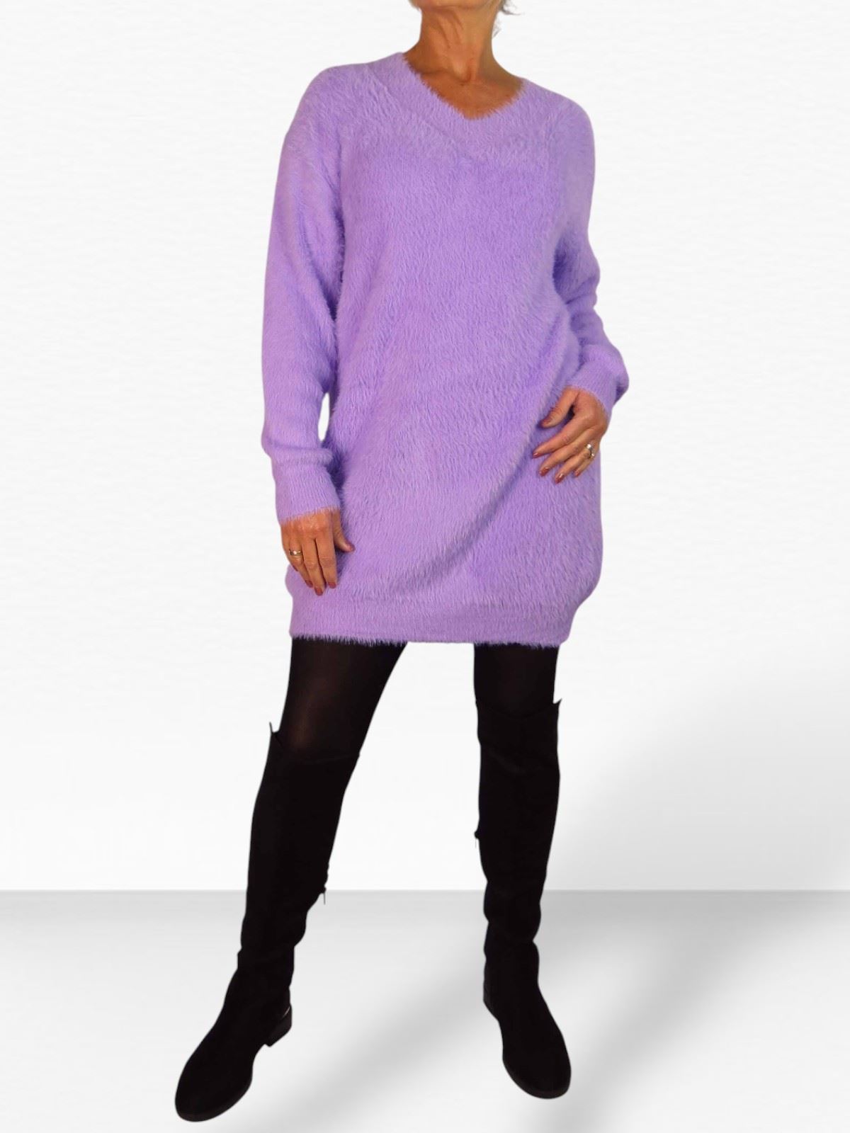 Damen Strick V Ausschnitt Pullover Kleid weich und kuschelig Strick Winterkleid Langarm - Bild 56 von 69
