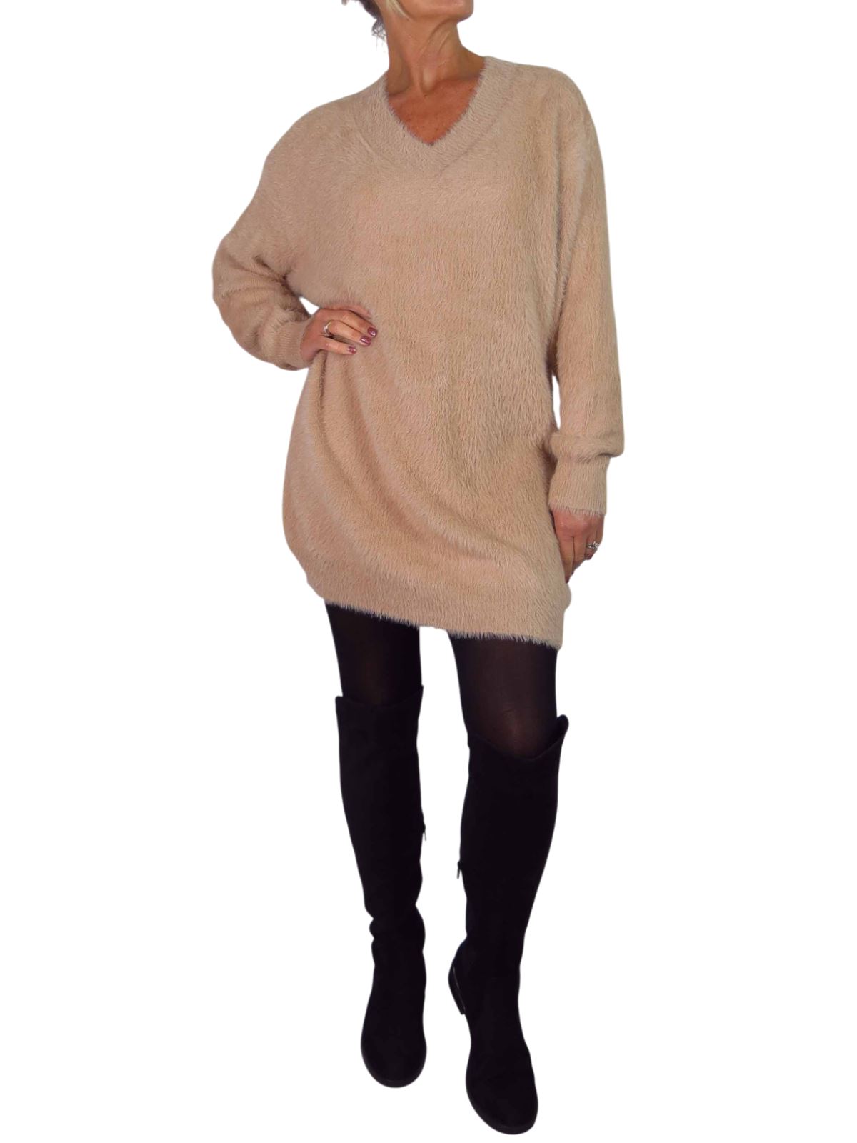 Damen Strick V Ausschnitt Pullover Kleid weich und kuschelig Strick Winterkleid Langarm - Bild 19 von 69