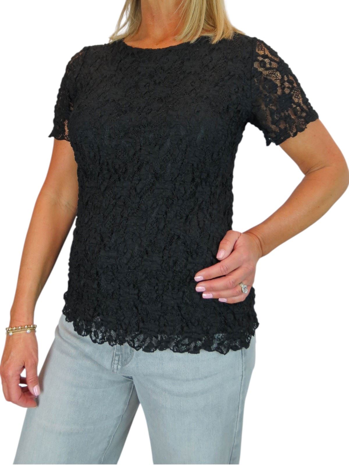 Damen Elegant Stretch Häkel Spitze Top Kurzarm Komplett Gefüttert 10-20 - Bild 23 von 30