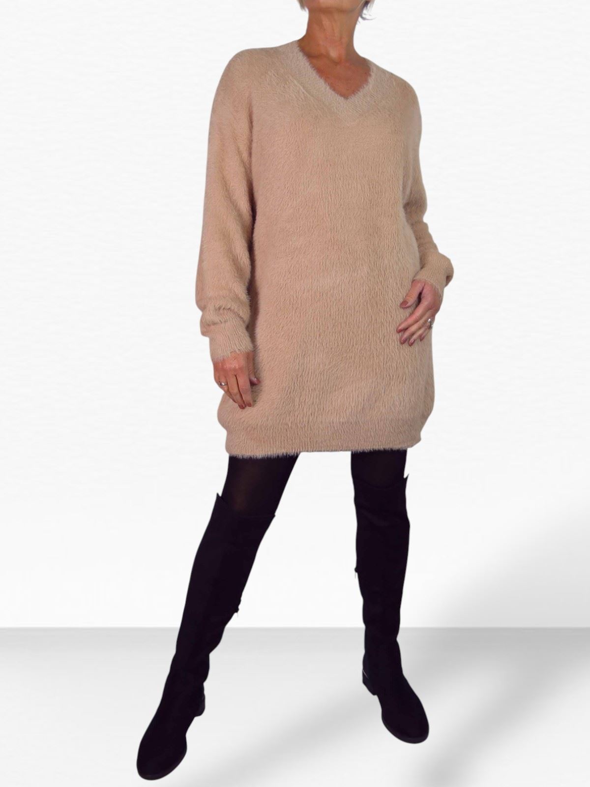 Damen Strick V Ausschnitt Pullover Kleid weich und kuschelig Strick Winterkleid Langarm - Bild 14 von 69