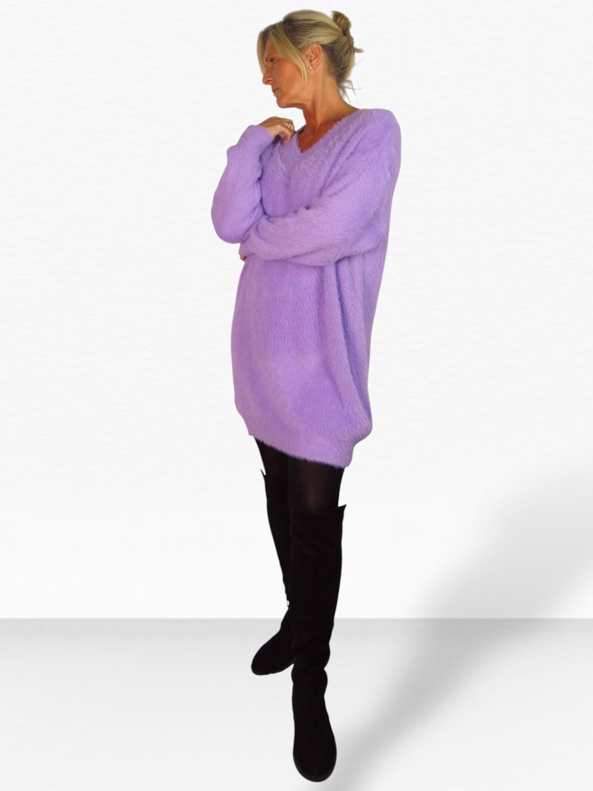 Damen Strick V Ausschnitt Pullover Kleid weich und kuschelig Strick Winterkleid Langarm - Bild 60 von 69