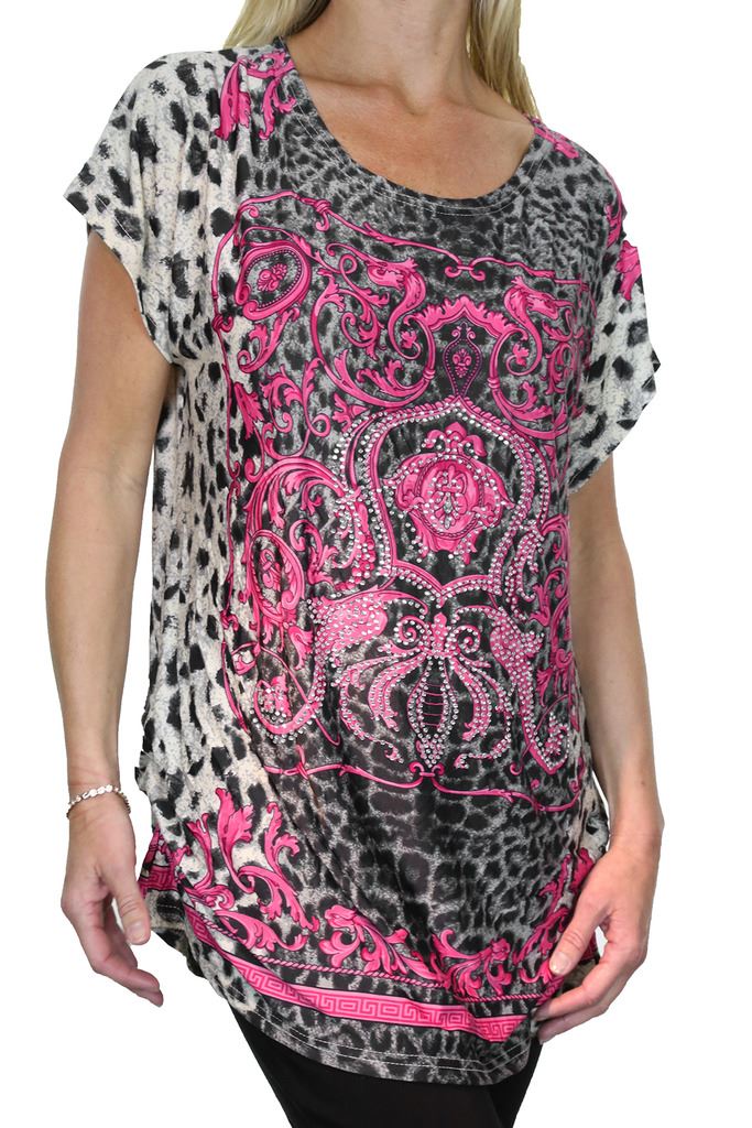 Womens Diamante Animal Print Tunic Top Short Sleeve T Shirt 8-16 CLEARANCE - Picture 11 of 18