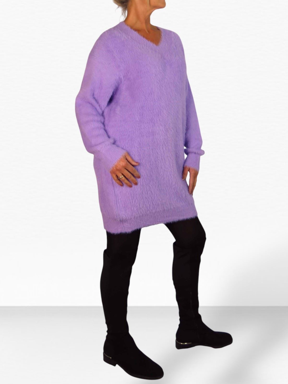 Damen Strick V Ausschnitt Pullover Kleid weich und kuschelig Strick Winterkleid Langarm - Bild 58 von 69